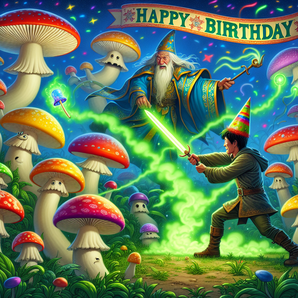 Imagine a birthday scene filled with energy and action where a brave Asian man wielding a gleaming sword courageously stands against an attack of animated mushrooms. Their caps are adorned in a plethora of vibrant colors, giving them a slightly joyful appearance despite their aggressive posture. In the backdrop, an elderly Caucasian wizard, wielding a wand made of special herbs, summons enthralling spells. Each puff of green smoke he releases counters the unusual fungal adversaries. The battlefield is encompassed by a strange yet serene herb field, its green leaves shimmering under the gentle twilight sky, providing a tranquil contrast to the chaotic celebration.
Generated with these themes: An army of mushrooms attacking a man with a sword , A wizard with a wand made of marijuana attacking the mushroom army , and A field of marijuana .
Made with ❤️ by AI.