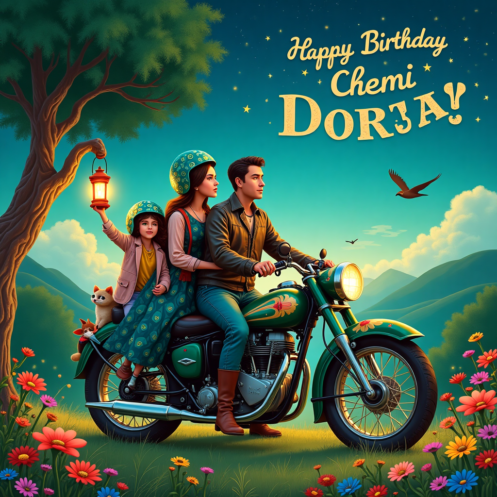In a dreamlike landscape that seamlessly blends whimsy and surrealism, picture a picturesque meadow under a starry twilight sky. At the center of the scene, a vintage motorcycle, gleaming in fantastical colors of emerald and sapphire, stands heroically. Perched on the motorcycle is a lively family of four—a father and mother with their two sons. The father, clad in a leather jacket adorned with vibrant patches of abstract shapes, holds the handlebars. The mother, wearing a flowing dress that morphs into an enchanting pattern of peacock feathers, sits elegantly behind him. The two sons, each sporting helmets painted with playful illustrations of mythical creatures, are astride the bike, one sitting in front of the father and the other comfortably snuggled between the parents.

In the meadow surrounding them, flowers with oversized, intricate petals reminiscent of Beatrix Potter's flora surround the motorcycle, their colors reflecting in the chrome. A family of small, curious woodland creatures, akin to Edward Gorey's charmingly odd menagerie, peek out from behind the blooms, observing the family with a gentle curiosity.

Suspended in the twilight sky, a collection of twinkling stars align to spell out "Happy Birthday Chemi Dorje" in luminous letters. These celestial characters, inspired by the ethereal touches of Maxfield Parrish, shimmer with a soft glow that casts a magical hue over the entire scene. A whimsical tree nearby, its branches curling in sinuous lines evocative of Aubrey Beardsley's intricate illustrations, extends an arm-like limb holding a quaint lantern that further illuminates the family's joyful escapade.

The horizon is punctuated by rolling hills and distant mountains painted with Arthur Rackham's misty, fairytale touch. Above them, a flight of Quentin Blake-esque whimsical birds with exaggerated features takes off into the sky, completing this birthday odyssey.
Generated with these themes: Family of 4 with 2 sons, and Motorcycle.
Made with ❤️ by AI.