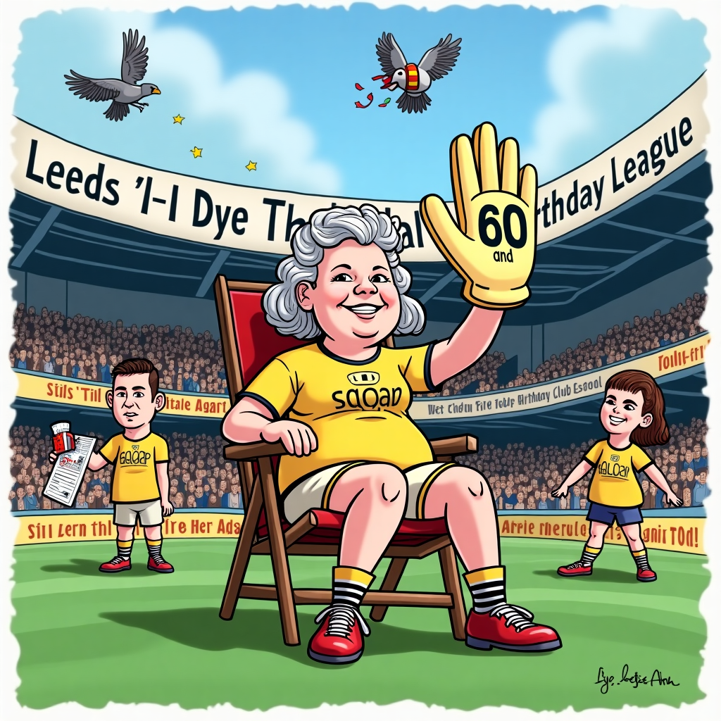 **Image Prompt:**

At the top of the illustration image, *"Marching On to 60, Sally-Ann—Still No Sign of a Transfer!"*

An illustrated, funny cartoon scene showing a jubilant Sally-Ann wearing a retro Leeds United kit from the 70s, sitting in a deckchair on the Elland Road pitch, proudly holding up a huge foam hand with "60 and Still in the Squad!" printed on it. Around her are cartoon Leeds players—some legends past and present like Bielsa with a clipboard, Billy Bremner floating like a ghost coach, and a bewildered current player checking her birth certificate. One pigeon in the background wears a tiny LUFC scarf and is dropping confetti from above. The stadium is festively decorated with blue, white, and yellow banners that read “Leeds 'til I Dye (My Hair Again)” and “Still Top of the (Birthday) League!” All characters should have expressive, exaggerated facial features for comedic effect, with Sally-Ann front and centre as the true club legend.
Generated with these themes: Leeds United, and 60th Birthday.
Made with ❤️ by AI.