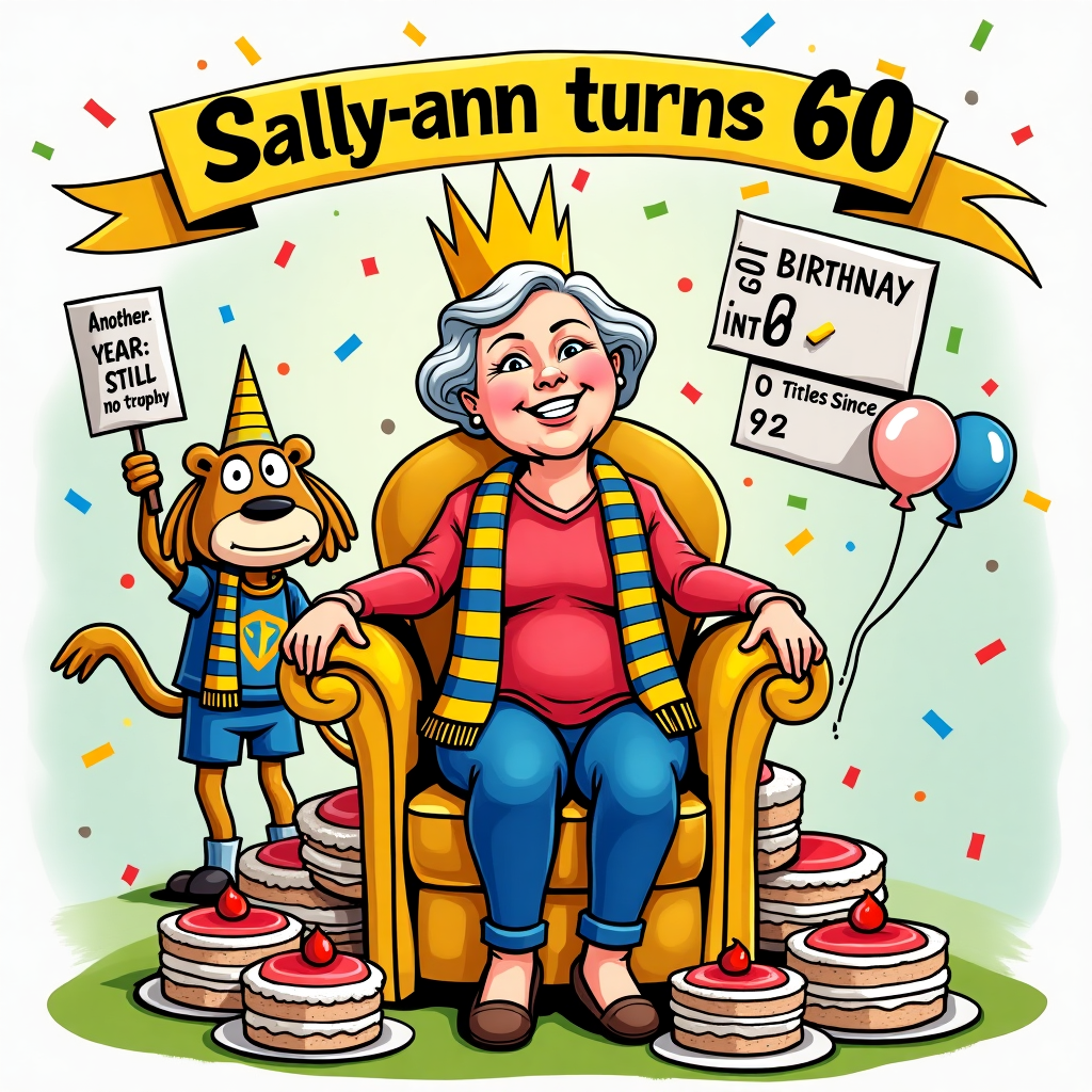 At the top of the illustration image: *Sally-Ann Turns 60 — Still No Premier League Trophy, But At Least You’re Ahead of Leeds!*

**Image Prompt:**
Create a vibrant, humorous illustration showing Sally-Ann (a fun-loving 60-year-old woman) sitting on a golden throne made of birthday cakes and Leeds United scarves, wearing a paper crown and smugly grinning. Behind her is a sad-looking Leeds United mascot holding a sign that reads, “Another year, still no trophy.” Around her, confetti flies, balloons float in Leeds colours (white, yellow, and blue), and a scoreboard in the background cheekily shows “Sally-Ann: 60 – Leeds United: 0 Titles Since 1992.” Add a birthday banner in football chant-style font that reads “Marching On to Old Age!” The tone is cheeky and celebratory, perfect for a football fan with a sense of humour.
Generated with these themes: Leeds United, and 60th Birthday.
Made with ❤️ by AI.