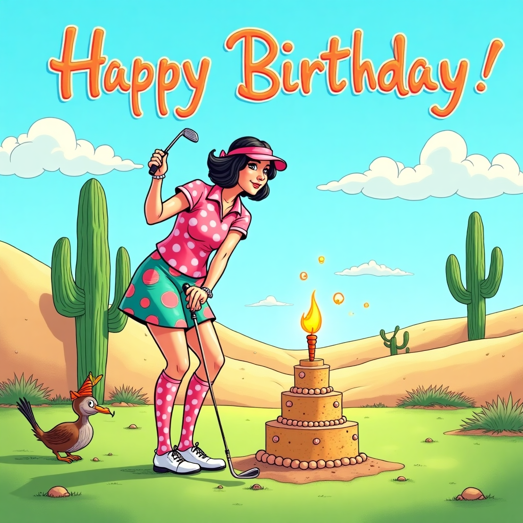 In the whimsical, sun-drenched deserts of Arizona, a vivacious 65-year-old woman with medium-length dark hair is mid-swing on a lush golf course, her stance both elegant and delightfully animated. Her colorful, polka-dotted golf outfit, complete with quirky knee-high socks and a matching visor, shimmers in the bright sunlight. Nearby, a curious roadrunner watches with bemusement, its eyes wide in comic curiosity, as a small desert hare peeks from behind a cactus, nibbling on a carrot. The sky above is a brilliant blue canvas, whimsically adorned with a skywriting "Happy Birthday" banner, the letters puffed like cartoon clouds. A saguaro cactus wears a jaunty party hat, while a rattlesnake in the distance shakes a miniature maraca, both adding an unexpected party atmosphere to the arid landscape. The rolling sand dunes beyond are subtly textured with shadows, dotted with tufts of hardy desert flora. In the foreground, a cake-shaped sandcastle, intricately detailed with prickly pear decorations, stands proudly with a single giant candle made of a spiraled yucca plant, its flame depicted as a whimsical swirl of orange and yellow, dancing in the gentle desert breeze. This scene merges the playful cartoon styles reminiscent of Charles Schulz and Bill Watterson, with hints of Gary Larson's quirky humor woven throughout, all culminating in a delightful birthday golf adventure in the heart of Arizona's wild beauty.
Generated with these themes: A 65 year old woman with medium length dark hair golfing with joy in Arizona.r, and Written in the blue sky is a happy birthday banner.
Made with ❤️ by AI.