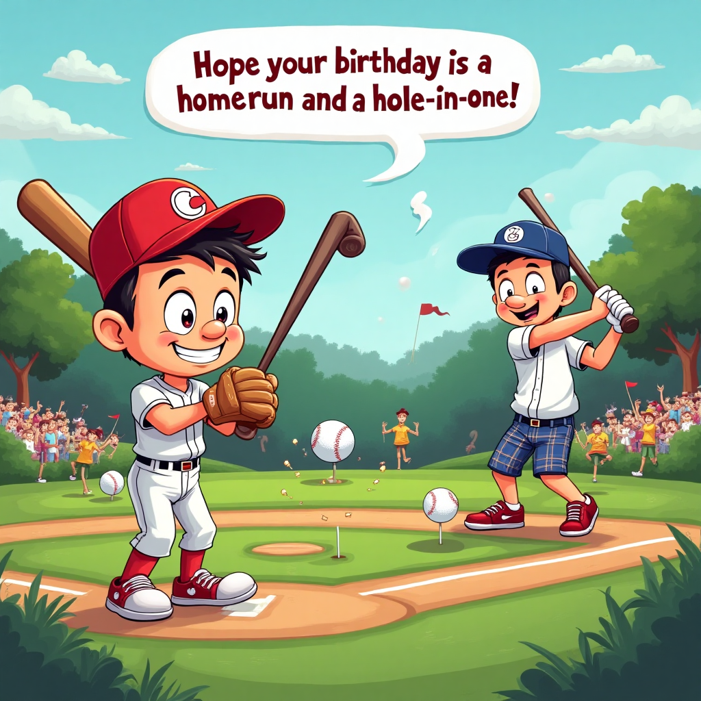 At the top of the Cartoon Style image, "Happy Birthday Luciano!"

**Image Description:**

Picture a lively cartoon baseball diamond nestled amidst a sprawling golf course. In the foreground, an animated baseball player with a large, comical head, complete with a bright red cap and oversized glove, is poised in a batting stance. Instead of a baseball bat, he's holding a golf club! His eyes are wide with focus, and a playful grin stretches across his face.

To his side, a quirky golfer with exaggerated features is swinging a baseball bat instead of a golf club, aiming at a giant golf ball on a tee. His outfit is a mix of a baseball jersey and plaid golf pants, adding to the whimsy.

In the background, cartoonish spectators made up of golf balls with tiny arms and baseballs with tiny legs are cheering enthusiastically, some holding tiny flags and others munching on popcorn.

Floating in the sky above is a playful speech bubble: "Hope your birthday is a home run and a hole-in-one!"
Generated with these themes: Baseball, golf, and .
Made with ❤️ by AI.