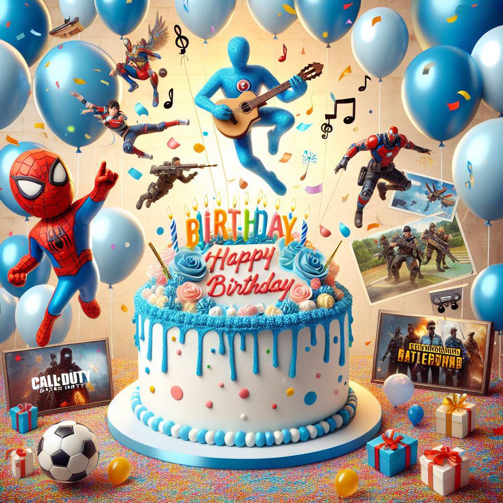 A delightful birthday-themed image showcasing a jubilant backdrop of balloons and confetti. In the middle dominates a cake decorated with sky blue and white colors, with a sugary figurine playing a guitar perched on top. To the side, a comic book superhero, dressed in red and blue, swings in to partake in the party, while images of famous football and popular multiplayer first-person shooter game covers grace the surroundings. Musical notes float throughout the scene, representing an affinity for music blending harmoniously with the joyous occasion.
Generated with these themes: Manchester City , Playing guitar, Spider-Man , Fifa, CSGO, and Music.
Made with ❤️ by AI.