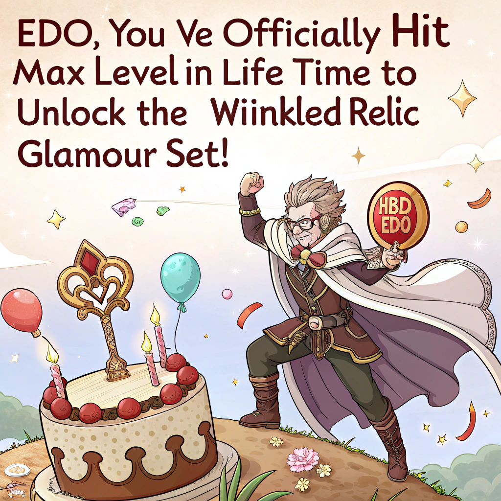 At the top of the image, "Edo, you’ve officially hit max level in life — time to unlock the ‘Wrinkled Relic’ glamour set!"

- In the center of the image, illustrate a comically epic Final Fantasy XIV scene where Edo, dressed in a hilariously over-the-top mage robe adorned with party balloons, cake motifs, and sparkly “+50 Wisdom” glasses, is striking a dramatic pose on a mount shaped like a flying birthday cake.

- Around him, Chocobos wear party hats, a tiny moogle holds a "HBD EDO" sign, and a menacingly cute Tonberry approaches wielding a birthday candle instead of a knife.

- In the background, the Crystarium has been re-imagined with streamers and confetti, and fireworks in the shape of the Warrior of Light’s face spell out "LEVEL UP!" in the sky.
Generated with these themes: Final Fantasy 14.
Made with ❤️ by AI.
