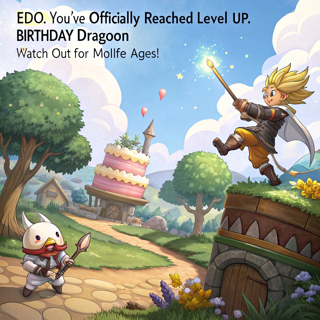 At the top of the image, "Edo, you’ve officially reached Level Up: Birthday Dragoon—watch out for midlife AoEs!"

- In the center of the image, depict a vibrant, cartoon-style battle scene set in a whimsical Final Fantasy XIV landscape.
- Edo, dressed as a hilariously over-the-top Dragoon, is attempting an epic birthday jump attack… but he's mid-air and clutching a giant birthday cake instead of a spear.
- Below him, classic FF14 monsters like a confused Fat Chocobo and a surprised Cactuar look up in alarm as sprinkles rain from the sky.
- Off to the side, a Miqo'te with a party hat is casting “Confettira” while giggling.
- Background features magical party banners, glowing balloons, and Moogle-shaped clouds.
Generated with these themes: Final Fantasy 14.
Made with ❤️ by AI.
