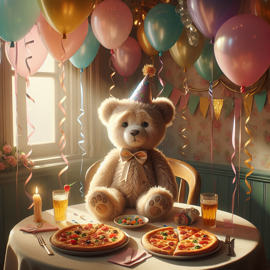 A snug, warm room bathed in gentle sunlight is adorned with pastel-colored balloons and decorative streamers. A plush teddy bear named Bartholomew sits at the heart of a round table, captivating with his button eyes and a tiny festive hat that adds to the celebratory ambiance. Surrounding him, slices of delicious pizza are spread across various plates, each piece garnished with a selection of vibrant and fresh toppings. The entire realistic scene shimmers with a hint of enchantment, as though at any minute, the teddy bear might animate itself to make a birthday wish.
Generated with these themes: Bartholomew Bear, and Pizza .
Made with ❤️ by AI.