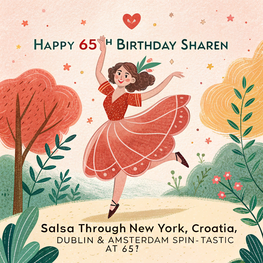 At the top of the Illustration Style image, "Happy 65th Birthday Sharen"

At the bottom of the image, "Salsa through New York, Croatia, Dublin & Amsterdam—spin-tastic at 65!"

- Hand-drawn, cute illustration with fine linework and textured brush strokes; warm, expressive palette (coral reds, sunlit golds, ocean teals, leafy greens).
- Center stage: a joyful salsa twirl—Sharen in a flowing coral dress and dancing shoes spins with a smiling partner; swirling skirt and motion lines form a heart.
- The dance path is a looping ribbon road that links four tiny, charming city vignettes:
  - New York: pocket skyline with Statue of Liberty shaking a maraca, Brooklyn Bridge, confetti stars.
  - Croatia: sunlit Dubrovnik walls and terracotta roofs beside an azure Adriatic; a red-and-white checkerboard heart and a friendly Dalmatian pup tapping a paw.
  - Dublin: the Ha’penny Bridge over a gentle Liffey, colorful Georgian doors, a shamrock-shaped music note.
  - Amsterdam: leaning canal houses, a bicycle basket brimming with tulips, a little canal boat making ripples shaped like musical notes.
- Sprinkle playful maracas, hearts, and musical notes around the dancers; soft vignette and balanced composition so the headline and punchline stand out.
- Top text hand-lettered in bold, friendly script; bottom line on a simple curved ribbon banner for clarity and cuteness.
Generated with these themes: Salsa dance, new York, Croatia, Dublin, Amsterdam , and .
Made with ❤️ by AI.