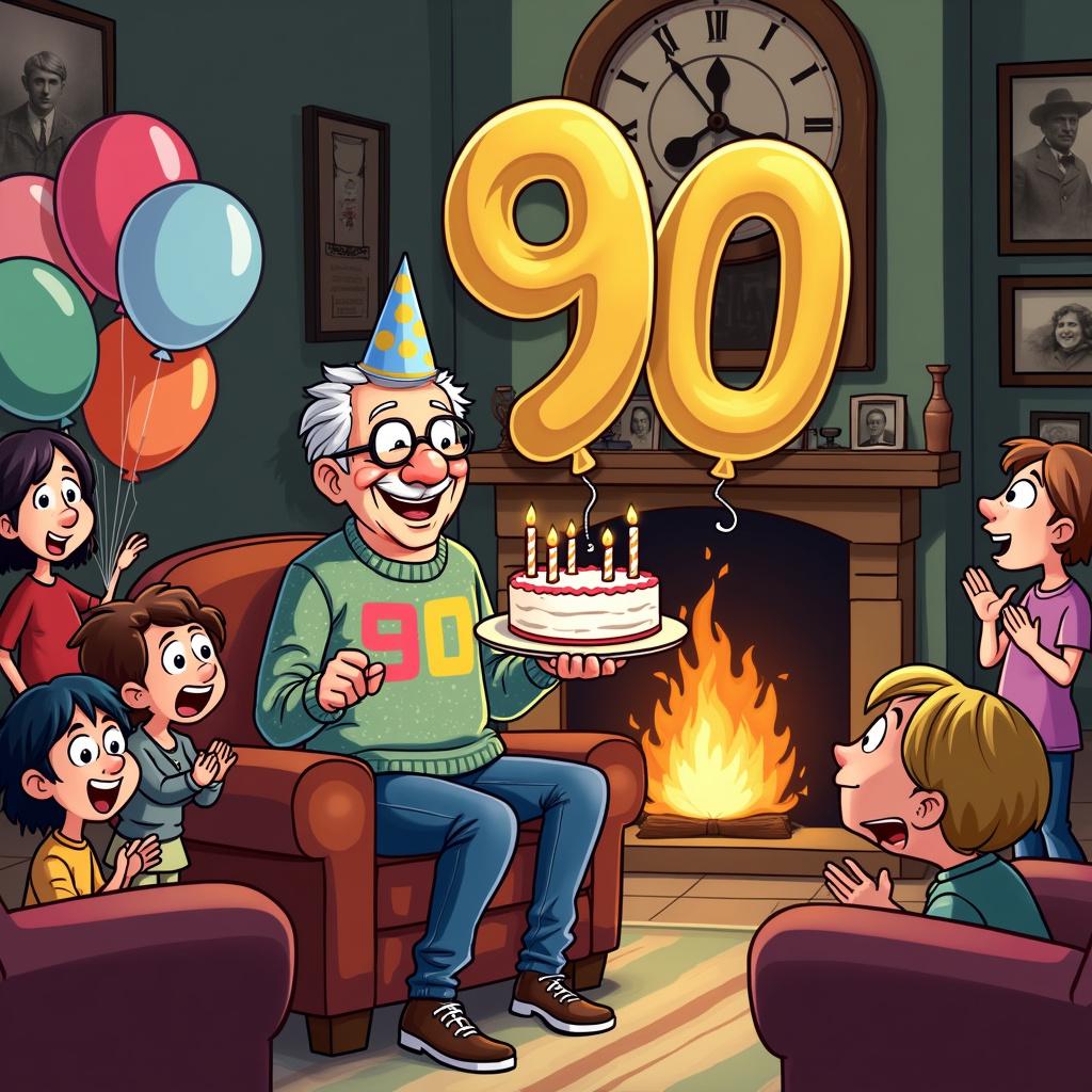 In a vibrant, cartoonish living room filled with nostalgia, the scene unfolds to celebrate Grandad's 90th birthday. The room is charmingly adorned with family photos and quirky memorabilia from the 1930s and 1940s, including a sepia-toned snapshot of a young Grandad in a dapper suit, evoking fond memories. At the heart of the room, a fireplace crackles with a warm fire, and the mantel above is decorated with various trinkets and an old-fashioned clock that ticks contentedly.

At the center of the celebration stands Grandad, depicted as a cheerful and sprightly man with silver hair and glasses, clad in a festive sweater that proudly displays '90' in bright, colorful numbers. With a glimmer of joy and surprise lighting up his face, he holds a large birthday cake adorned with candles shaped like '9' and '0'. Nearby, a slightly transparent, cartoonish version of Grandad from when he was 89 mischievously interacts with the scene, wearing a party hat and pulling away a large '-1' sign attached to the current Grandad's sweater, revealing the full '90' underneath as he steps playfully out from his present-day shadow.

Surrounding Grandad are family members of all ages—children, teens, and adults—clapping and cheering with excitement. One child proudly holds a bouquet of helium balloons that spell out '90', adding to the festive atmosphere. The room is further enhanced by colorful streamers and banners that dangle from the ceiling, with a whimsical sign proclaiming 'Happy 90th Birthday!' hovering above Grandad. 

A table nearby is heaped with brightly wrapped presents, adorned with oversized bows that convey a sense of joy and surprise. The wrapping mixes vintage patterns with modern designs, symbolizing the blend of past and present. The centerpiece, a magnificent three-tiered birthday cake, features intricate decorations reflecting different decades of Grandad's life—from the 1930s and 1940s on the bottom tier to the 1990s and 2000s at the top, celebrating a rich and vibrant history.

In the corner of the scene, a wall calendar prominently displays the current month, with the date of '90th Birthday' circled in bright red marker, accompanied by a comical doodle of Grandad's face, encapsulating the joy of the day. This whimsical celebration perfectly represents Grandad's journey through life, culminating in this joyous milestone of turning 90. 

Generated with these themes: My grandad turns 90 this year. I want the picture to include the theme of that he used to be 90 - 1 years old and now the -1 is being removed. 
Made with ❤️ by AI.