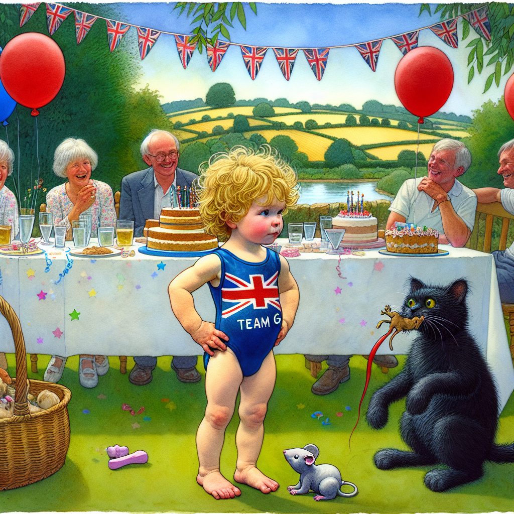 A whimsical birthday scene set amidst the idyllic beauty of the Cotswolds. A toddler with light curly hair, possibly of Caucasian descent, is seen in a gymnastics leotard imprinted with 'Team GB', celebrating their second birthday. The scene is lively, adorned with balloons and streamers. Adding a playful yet unexpected touch to the celebration is a cartoon-like black cat with a toy mouse in its mouth. The peculiar antics of the cat elicit giggles among the guests, making the birthday celebration more fun and lively.
Generated with these themes: Toddler with light curly hair, 32 years old, Team GB gymnast , Black cat with a dead Mouse in its moutb, and Cotswolds.
Made with ❤️ by AI.