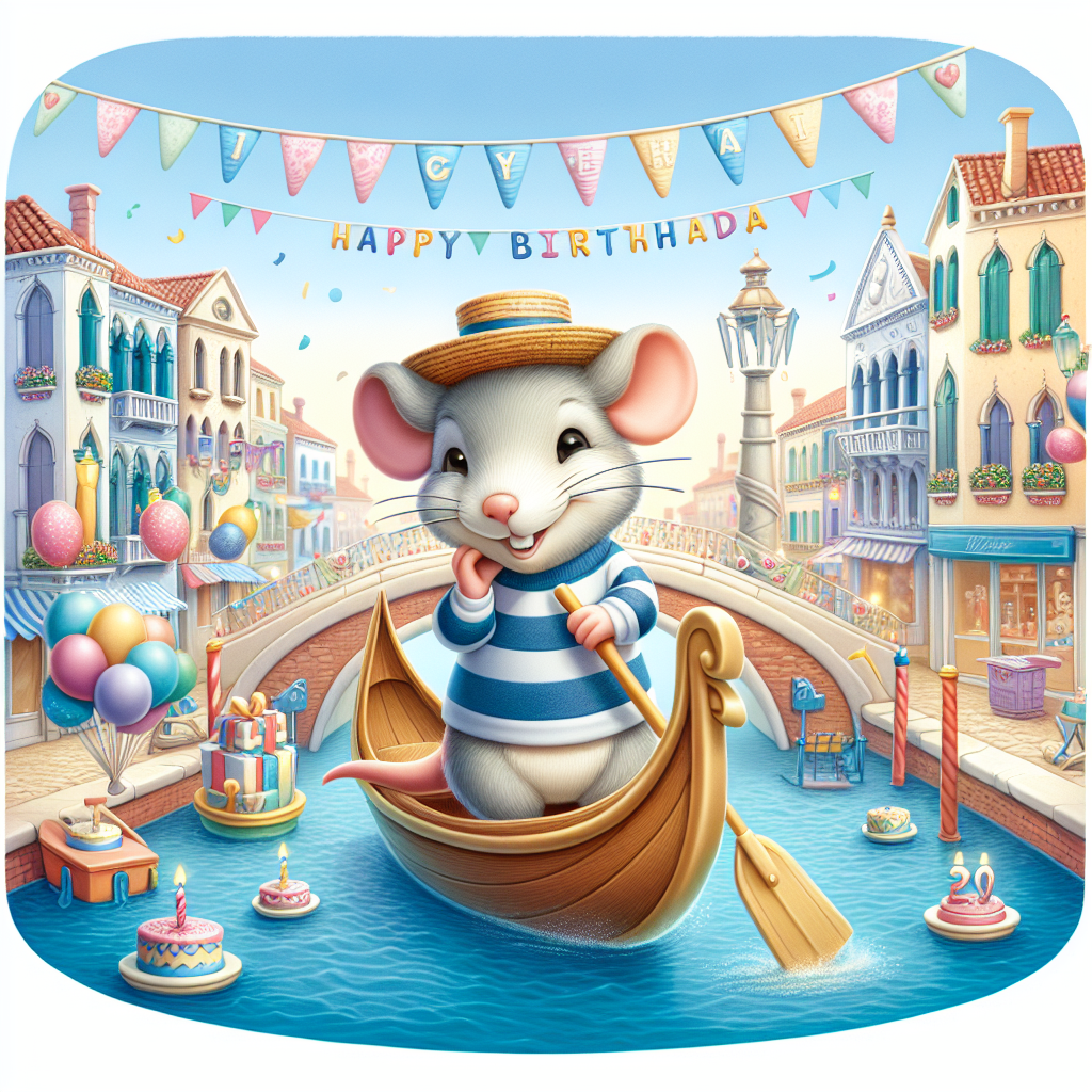 Venice, Rat, Gondolier , Blue white stripe jumper, and Straw hat Birthday Card