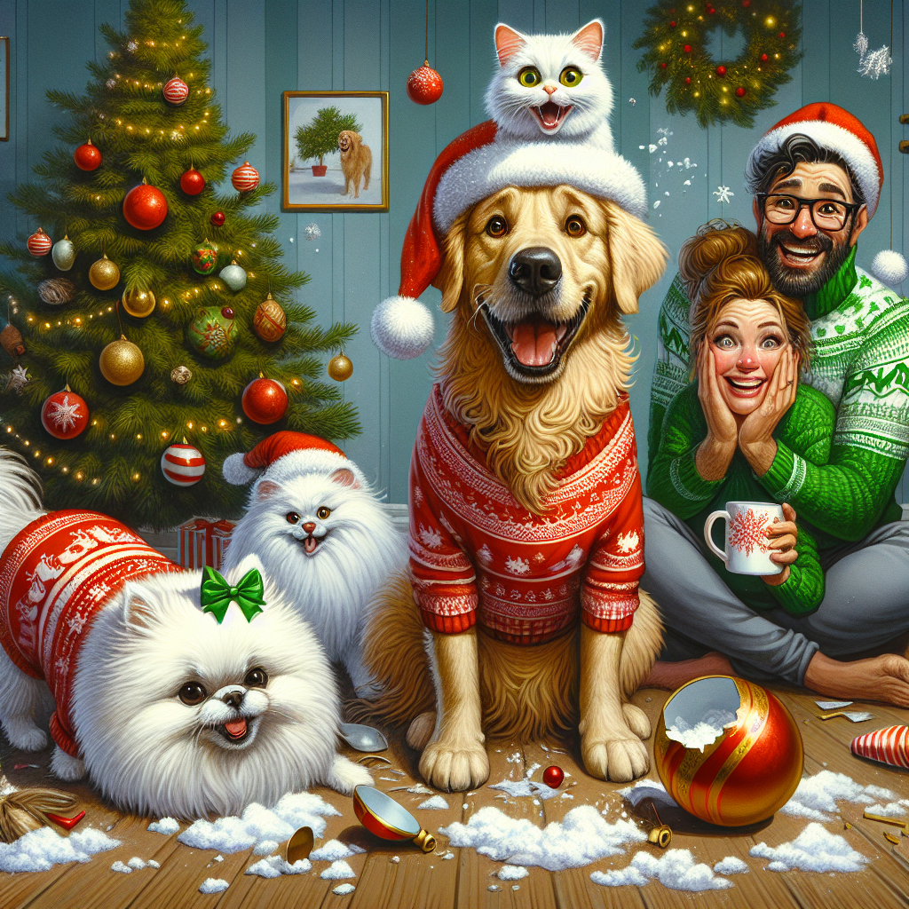 Golden retriever making a mess, White persian cat, White pomeranian, and Male and female couple Christmas Card