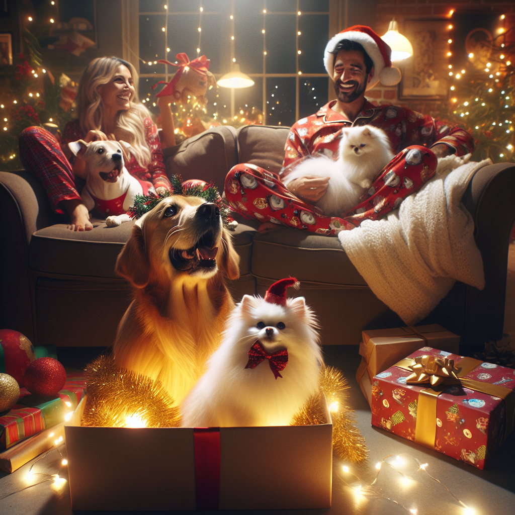 The scene is set in a cozy living room bathed in the soft glow of fairy lights. A golden retriever, with tinsel draped over its ears, has enthusiastically dug into a gift box, spreading vibrant wrapping paper and ribbons everywhere. On a nearby cushion, a white Persian cat eyes the scene with sapphire eyes, nestled comfortably amidst holiday-themed pillows. A sprightly white Pomeranian, donning a tiny Santa hat, barks playfully at the couple snuggled on the couch. The male and female, both in matching Christmas pajamas, exchange amused glances, their joy echoing the magical spirit of the season, framing a picture-perfect moment of festive cheer interwoven with a touch of charming disorder.
Generated with these themes: Golden retriever making a mess, White persian cat, White pomeranian, and Male and female couple.
Made with ❤️ by AI.