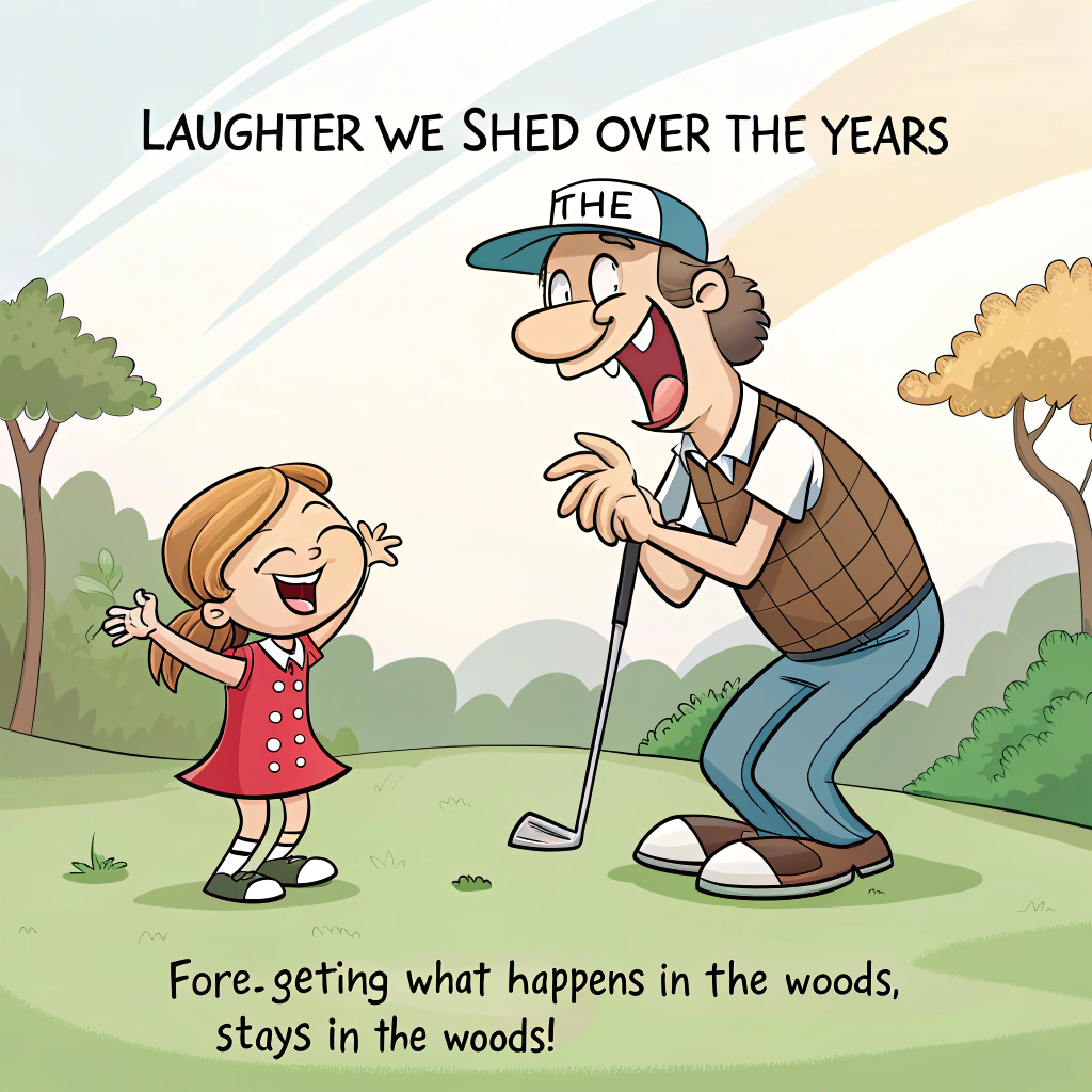 At the top of the image, "The laughter we shed over the years"

Add at the bottom of the image, "FORE-getting what happens in the woods, stays in the woods!"

- In the center of the image, illustrate a playful cartoon scene: a dad dressed in a classic golf outfit, comically cowering in the woods while humorously peeing on himself. Nearby, a lively little girl stands confidently on the golf green, enthusiastically yelling "FORE!" with her hands cupped around her mouth. The entire scene is vibrantly colorful with exaggerated expressions and lively energy.
Generated with these themes: Dad in a golf uniform inthe woods covering his headband peeing on himself, and .
Made with ❤️ by AI.