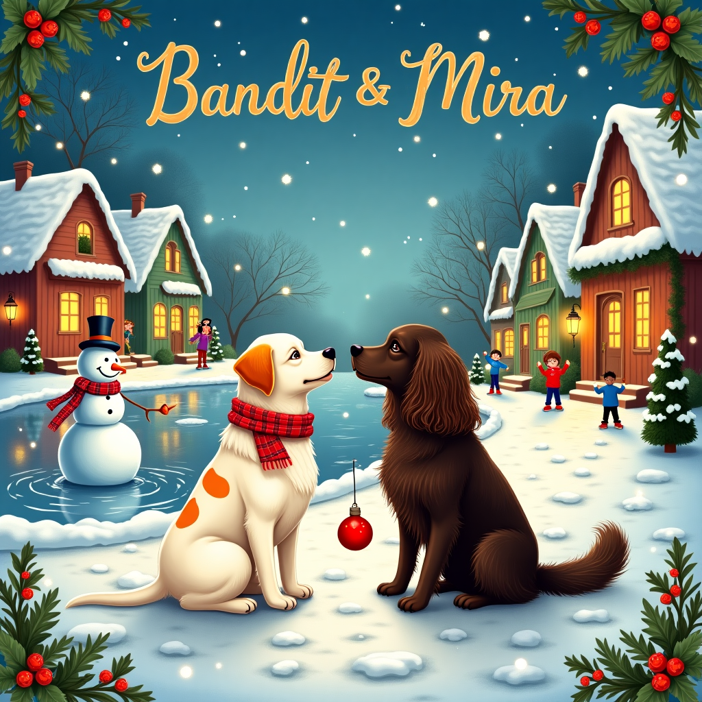 The front cover of this whimsical Christmas greeting card features a heartwarming winter scene set in a quaint snow-draped village. In the foreground, two endearing canine characters take center stage: a white Labrador with vibrant orange ears and playful orange spots, joyfully wagging its tail, and a dark brown long-haired dog with a luxurious, flowing coat, gazing warmly at its companion. They are seated on a cobblestone path that winds through the village, bordered by charming Victorian-style houses with twinkling fairy lights adorning their eaves.

To the left, a snowman stands proudly, with a crooked top hat and a carrot nose, while a group of children are caught mid-laughter as they drape a colorful scarf around its neck. Snowflakes, delicate and intricate, fall gently from a sky painted in shades of twilight blue. In the background, a small frozen pond reflects the soft glow of lanterns, with children skating gracefully, their scarves trailing behind them like flowing banners.

Above the scene, nestled among the clouds in the sky, the words "Bandit & Mira" are artistically rendered in a whimsical, swirling script, as if they are formed by the very snowflakes themselves. The letters sparkle subtly, reminiscent of a gentle snowfall against the backdrop of a tranquil winter evening. The dogs, Bandit and Mira, are playfully interacting, with Bandit, the Labrador, nudging a bright red Christmas ornament towards Mira, the long-haired dog, who watches with an amused expression.

Throughout the scene, delicate details inspired by Beatrix Potter's quaint charm and Quentin Blake's lively illustrations come to life, while the ethereal glow and vivid colors echo Maxfield Parrish's enchanting landscapes. The entire setting is framed by a border of evergreen boughs and holly, dotted with red berries, adding a touch of festive cheer to this picturesque winter wonderland.
Generated with these themes: White labrador dog with orange ears and spots, and Dark brown long haired dog.
Made with ❤️ by AI.