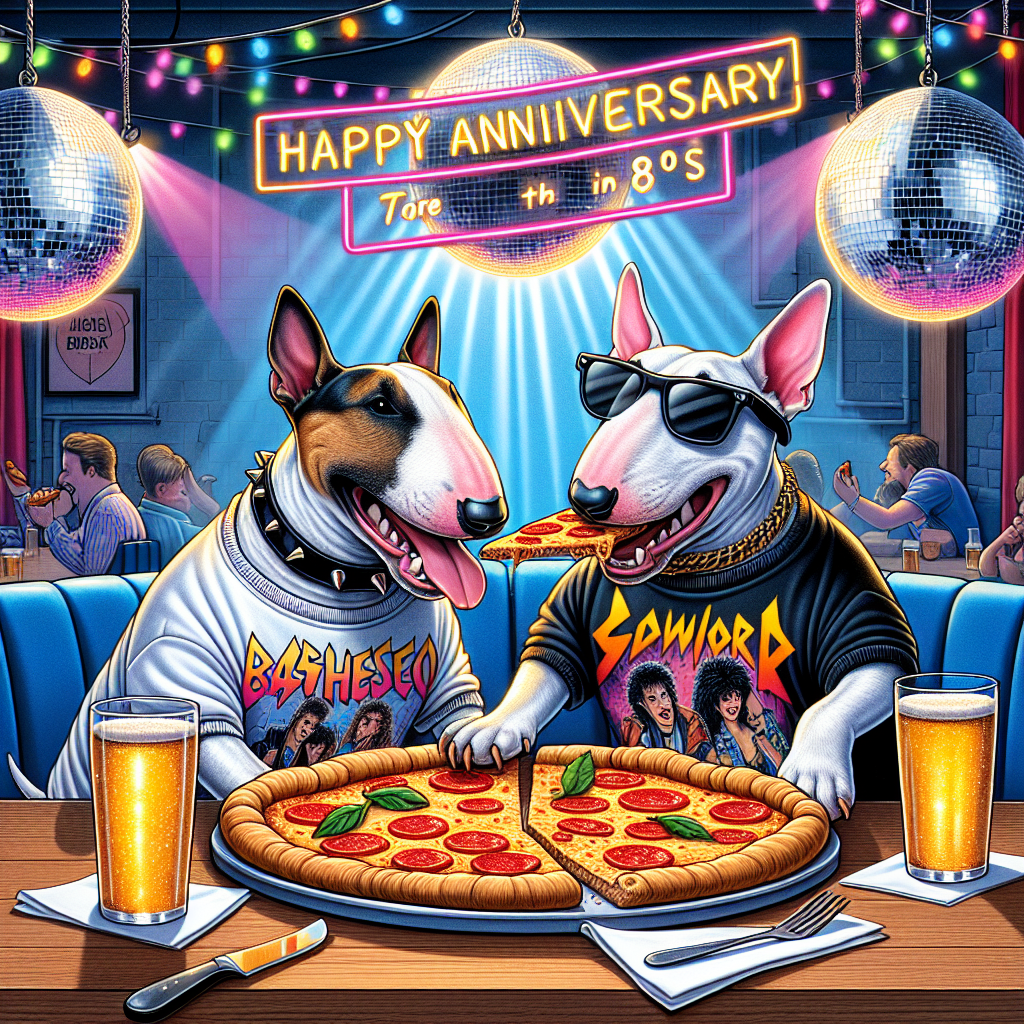 English Bull Terrier dogs, 80s music, Manchester, Pizza, and Wetherspoon pub Anniversary Card