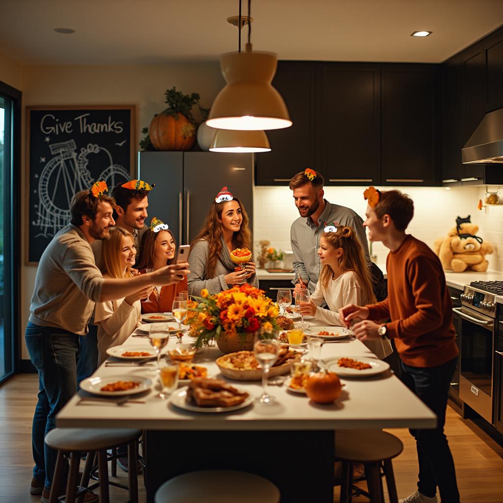 In a modern kitchen aglow with soft lighting, a family congregates around a sleek island countertop where a homemade feast is spread out. At the head of the cluster, a young adult, iPhone in hand, uses its camera to take a group selfie, expressing gratitude with a humorous twist by filter-enhancing the image with cartoon turkey hats on each family member's head. The counter is set with fine china plates, crystal glasses, and a centerpiece featuring an assortment of autumnal flowers. Trendy, stainless steel appliances reflect the festive interior, and a large chalkboard hangs on one wall with 'Give Thanks' scribed artistically above a drawing of the family’s last summer trip to an amusement park, possibly Disneyland, illustrated with a caricatured rollercoaster. Children giggle, gripping plush toys resembling the park's mascots, while adults clink wine glasses. A Smart home assistant device sits nearby, softly playing a playlist of contemporary hits and nostalgic classics.
Generated with these themes: Family , Iphone , and Attracion.
Made with ❤️ by AI.