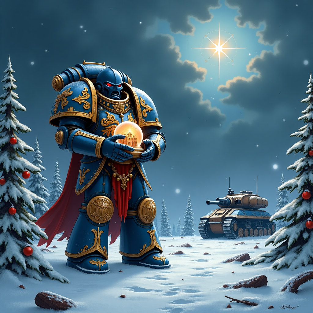 In a snowy, battle-worn landscape, a towering Space Marine in full ornate armor, complete with intricate golden filigree and crimson accents, stands guard. His massive armored boots leave deep imprints in the snow, and the swirling white flakes gently settle on the cold metal of his cerulean-blue armor. In his hands, he cradles a sacred relic: a beautifully crafted, metallic snow globe containing a miniature Fortress Monastery, detailed with tiny battlements and emblazoned with the iconic aquila. This relic symbolizes hope and remembrance amidst the chaos of war. Around him, remnants of a once grand pine forest stand charred and broken, the trees adorned with bits of shattered ceramite and glinting shards of reflective red and green ornaments, remnants of a holiday past. In the distance, a burnt-out Land Raider stands solemnly against the horizon, its armored bulk dusted with snow. Above, the dark sky swirls with ominous storm clouds, but a single, bright star shines defiantly, illuminating the scene with a celestial glow. This star reflects in the eyes of the Space Marine, providing a stark contrast to the desolation around him, hinting at the promise of peace.
Generated with these themes: Warhammer, and Space Marine.
Made with ❤️ by AI.