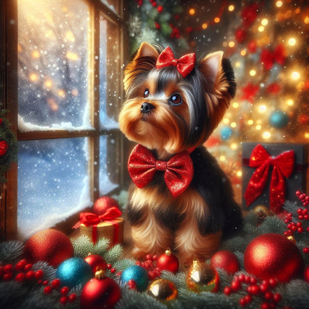 Envision a whimsical Christmas setting where snowflakes gently fall outside the window. Inside, a slender adult Yorkshire Terrier with a black and tan coat looks up with soft brown eyes. The dog is adorned with a red bow around its neck, complementing the colorful Christmas ornaments strewn across the background.
.
Made with ❤️ by AI.