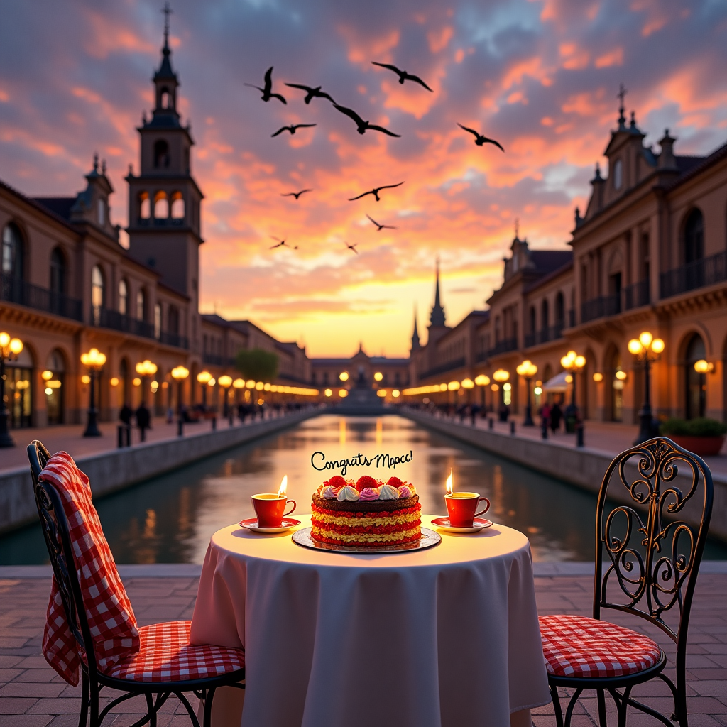 The scene captures a whimsical, almost magical evening at Plaza de España in Seville, with its iconic semi-circular brick building and tower silhouetted against a vibrant sunset. At the forefront, a charming bistro table for two is set up along the tiled walkways of the plaza. The table is elegantly dressed with a crisp white tablecloth and holds two steaming cups of rich Spanish espresso alongside a congratulatory cake with the words "Congrats Marco!" whimsically written in swirled frosting. The cake itself is a masterpiece, boasting layers of vibrant colors that echo the fiery oranges, pinks, and purples of the sky. 

In the background, the setting sun paints the sky in layers of gold and lavender, casting long shadows and highlighting the intricate ceramic tiles that line the plaza. A gentle breeze is suggested by the movement of a red and white checked napkin draped over one of the chairs. Above, a flock of birds flies across the horizon, with the name "Marco" subtly and cleverly arranged in their formation, as if the birds themselves have choreographed a dance to spell his name across the canvas of the evening sky. The reflection of the glowing plaza lights shimmers in the canal below, completing this enchanting scene that blends the celebratory spirit with the romance of a Spanish sunset.
Generated with these themes: Plazza de espayna seville, Table for two , and Sunset.
Made with ❤️ by AI.