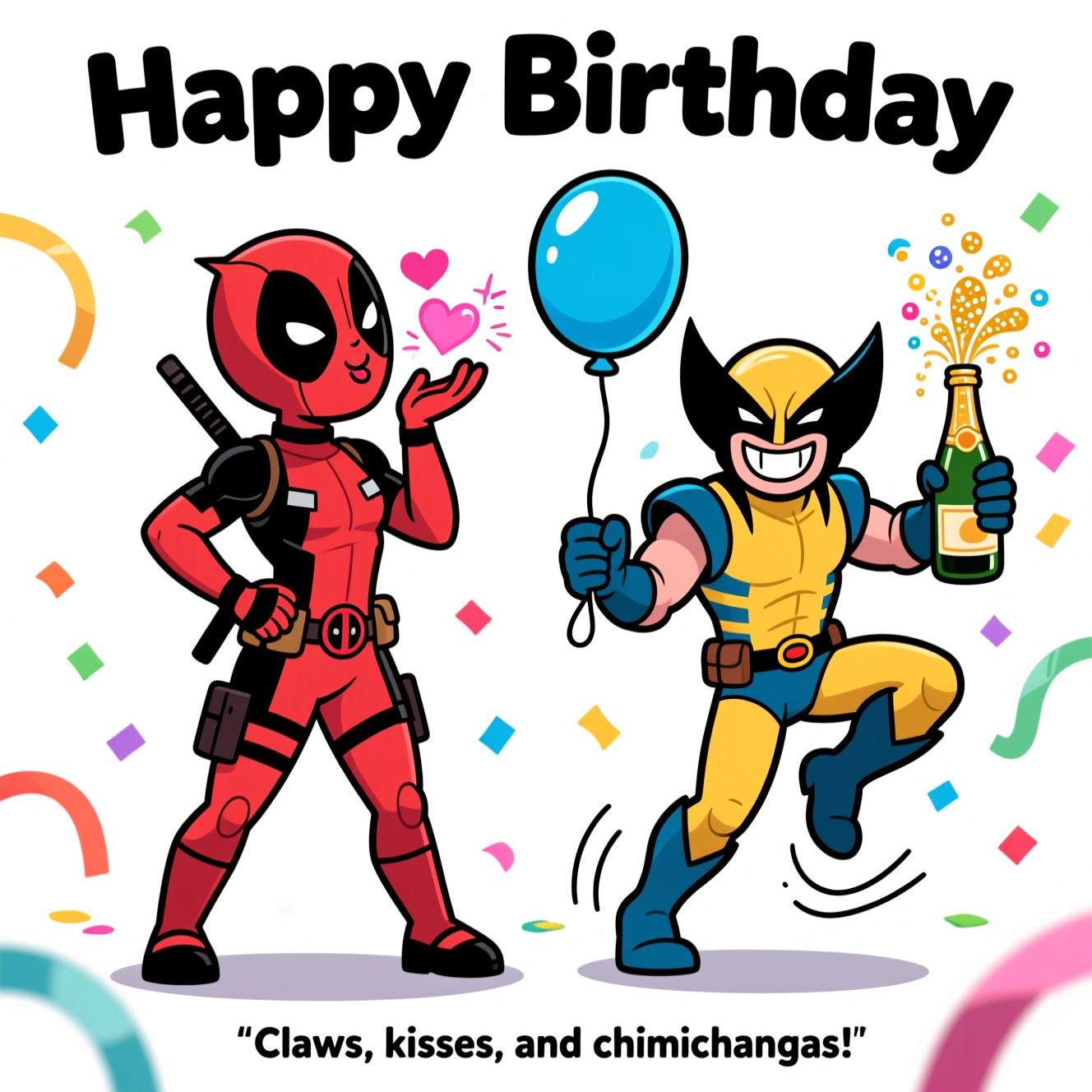 At the top of the Cartoon Style image, "Happy Birthday"

Large, full-body view on a crisp white background. Playful cartoon aesthetic with exaggerated proportions, thick black outlines, bright saturated colors, and energetic, whimsical poses.

Left: Deadpool, full body, in his red-and-black suit and mask, striking an over-the-top sexy, feminine pose. One hand on hip, the other hand blowing a kiss toward the viewer; a small pink heart and sparkles float from the kiss. Exaggerated hip pop, playful wink indicated by a curved crease on the mask, big expressive stance.

Right: Wolverine, full body, in his classic yellow-and-blue look with pointy-eared cowl, actively dancing mid-step. One hand holds a bright party balloon (bold color like blue or gold), the other brandishes a champagne bottle with fizzy spray and glittery bubbles. Big grin, knees bent, foot kicked out, motion lines emphasizing the groove.

Lively party atmosphere despite the white backdrop: colorful confetti and streamers arcing around them, soft shadow beneath their feet for depth. No logos. Clean, bold, festive color palette.

At the bottom in a small, cheeky caption, "Claws, kisses, and chimichangas!"
Generated with these themes: .
Made with ❤️ by AI.