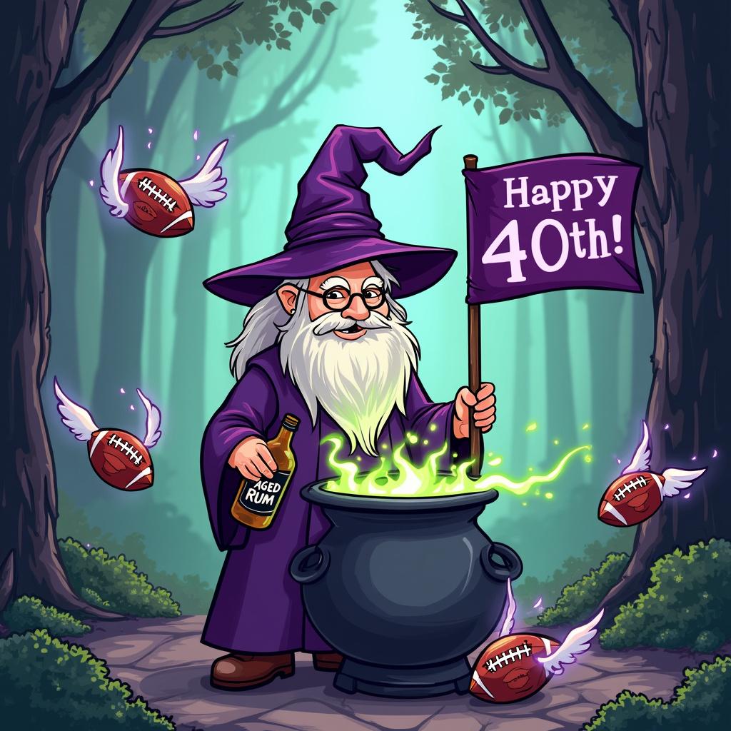 A cartoon-style illustration for a 40th birthday, featuring the birthday person dressed like a wizard from Harry Potter, complete with robe and wand. They stand behind a cauldron, from which magical green sparks and purple smoke are emerging. To the side, a banner in purple reads 'Happy 40th!' In their free hand, they're holding a fanciful bottle labeled 'Aged Rum.' Around the wizard, friendly animated footballs with NFL logos are flying on tiny wings like enchanted Quaffles. The background is a mystical enchanted forest, subtly reminiscent of the Forbidden Forest, with purple highlights and accents.
Generated with these themes: 40, Harry potter, Rum , NFL , and Purple .
Made with ❤️ by AI.