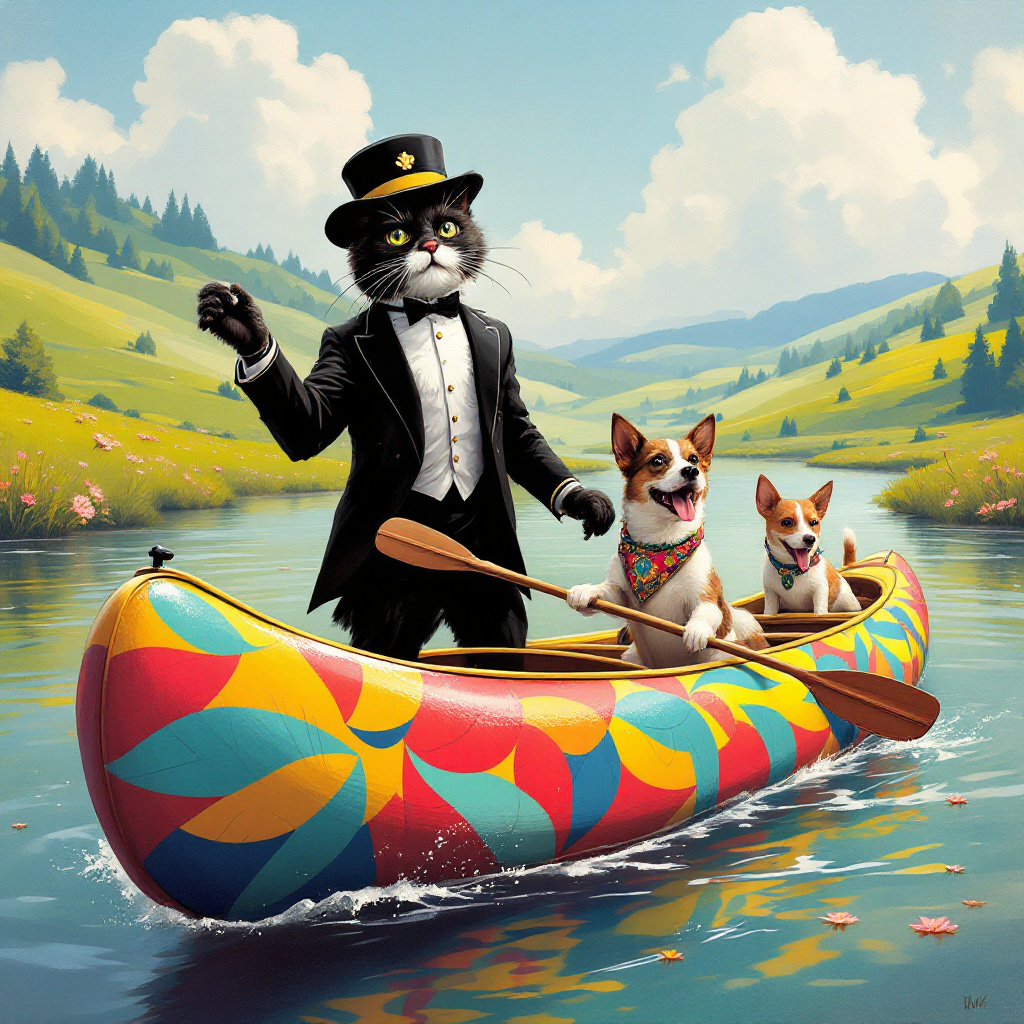 In a whimsical, vibrant scene that feels like a delightful blend of imagination and reality, a lively riverside adventure unfolds. Imagine a gentle, meandering river set against a backdrop of rolling hills dotted with patches of wildflowers, reminiscent of Maxfield Parrish’s dreamy landscapes. The central focus of the illustration is an oversized, vividly painted kayak, reminiscent of a splash of tropical bird plumage, with vibrant reds, blues, and yellows, gliding smoothly on the water. This kayak, however, is not occupied by humans, but by an unexpected crew—a cluster of cats and dogs.

In the front of the kayak, a dignified tuxedo cat stands confidently, wearing a captain's hat tilted slightly to the side, its paw raised as if directing the crew with all the authority of a seasoned sailor. Beside the cat, a sprightly Jack Russell terrier wields a small oar, tongue lolling happily to one side, its eyes fixed on the horizon as though navigating towards a secret treasure.

Behind them, a calico cat is draped lazily over the kayak’s side, trailing a paw in the water, capturing a sense of relaxed amusement akin to Beatrix Potter’s whimsical animal tales. Further back, a golden retriever and a scrappy tabby cat are engaged in a friendly game of checkers, their makeshift board balanced precariously on the kayak’s edge. The retriever’s tail wags with enthusiasm, scattering checker pieces across the surface, much to the tabby’s faux indignation.

Above them, suspended by an invisible whim of magic, are colorful bunting flags strung from imagined masts, fluttering in the gentle breeze. The sunlight filters through leafy canopies, casting playful shadows on the water. On the shore, a collection of curious ducks waddle along, seemingly gossiping about the unusual spectacle before them.

The sky is painted in hues of early sunset—soft pinks, oranges, and purples blending seamlessly, as though plucked from a Quentin Blake watercolor, providing a perfect backdrop to this joyful, chaotic expedition. This quirky flotilla represents a birthday wish for adventure, friendship, and humor, encapsulating a story that unfolds with every glance.
Generated with these themes: kayak  cats  dogs.
Made with ❤️ by AI.