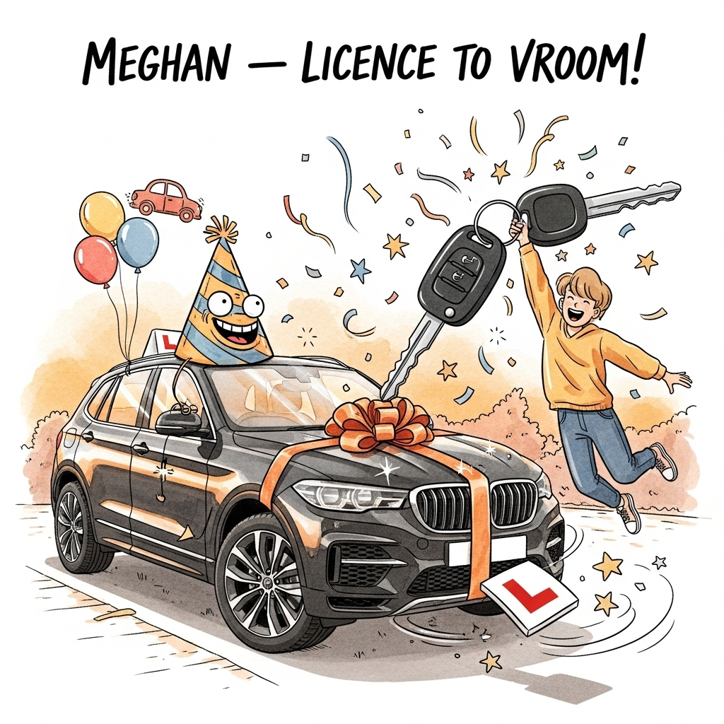 At the top of the Illustration Style image, hand-letter the single line: “Meghan — Licence to Vroom!”

Hand-drawn, humorous celebration scene in a warm, expressive color palette with fine linework and textured brush strokes. Portrait, full-bleed, balanced composition. Center stage: a sleek, shiny black SUV (new black car) at a three-quarter angle, wearing a goofy oversized party hat and a giant gift bow on the hood. Next to it, a cheerful character (no specific likeness) mid-jump, triumphantly holding up a big jangling set of car keys; sparkling highlights glint on the key metal. Confetti, streamers, and star doodles explode around them. A red-and-white learner “L” plate pops off the bumper like a sprung sticker, cartoonishly spinning through the air to hint at passing the driving licence—no extra text needed on props. Warm sunset light (peach and gold) reflects off the glossy black paint; soft watercolor washes and paper grain for texture. Keep the background simple: hints of driveway and shrub silhouettes for depth, with playful celebratory balloons (one subtly car-shaped) floating near the roofline. Ensure the single caption at the top is bold, energetic, and clearly legible with a light outline; include no other text.
Generated with these themes: New car , Black car , Passed driving liscence , Black suv , Car keys , Celebrate , and .
Made with ❤️ by AI.