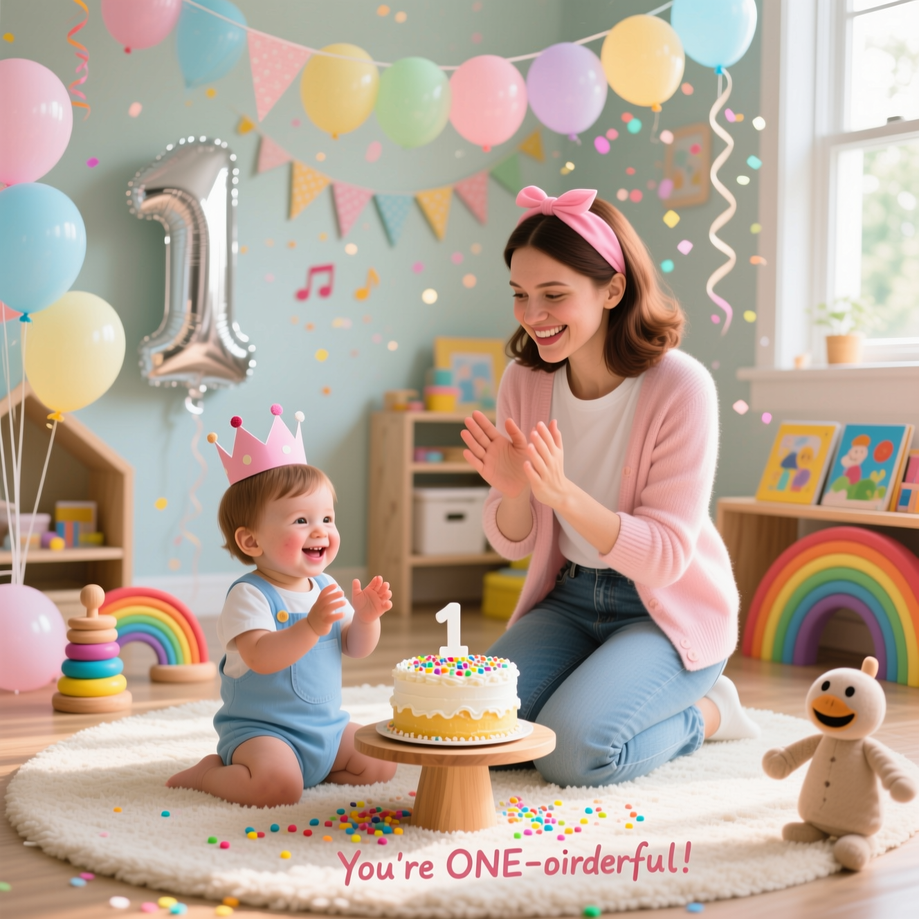At the top of the Photorealistic picture taken from a camera image, Grandson Happy 1st birthday

Ultra-high-definition 4K UHD, lifelike, cute mood photograph of a sunlit playroom decorated for a first birthday. A cheerful children’s music educator inspired by Miss Rachel—friendly smile, brunette, soft pink headband, bright pastel cardigan over a white tee and jeans—kneels on a plush cream rug at child’s-eye level, encouraging clapping and simple baby sign. In front of her, a one-year-old grandson in a soft blue romper and tiny paper crown with a 1, frosting on his cheeks, giggles beside a small buttercream smash cake on a low wooden stand, rainbow sprinkles scattered on the rug. Pastel balloons and streamers, a big silver number 1 balloon, triangular bunting, confetti bokeh; nearby wooden stacking rings, rainbow arches, colorful picture books, and a simple friendly hand puppet. Natural window light from the left with soft shadows and warm airy tones; shallow depth of field with creamy background bokeh; crisp lifelike skin textures and cake details; subtle lens flare. Camera: full-frame DSLR, 50mm prime, f/1.8, ISO 200, 1/250s; realistic color grading and rich depth. Integrate the top text as soft pastel balloon letters gently arcing across the upper frame. Small caption near the bottom in playful handwritten script: You’re ONE-derful!
Generated with these themes: Miss Rachel , and .
Made with ❤️ by AI.