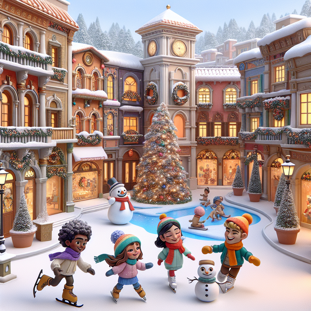 A charming Christmas scene unfolds within a cute cartoon setting. Snow lightly dusts the whimsical architettura-style buildings, their terracotta roofs and intricate facades providing a warm contrast to the white blanket below. Dotting the landscape are plump, cheerful cartoon characters bundled in colorful scarves and mittens, engaging in festive activities like ice-skating and caroling around a towering Christmas tree twinkling with lights.
Generated with these themes: Architettura.
Made with ❤️ by AI.