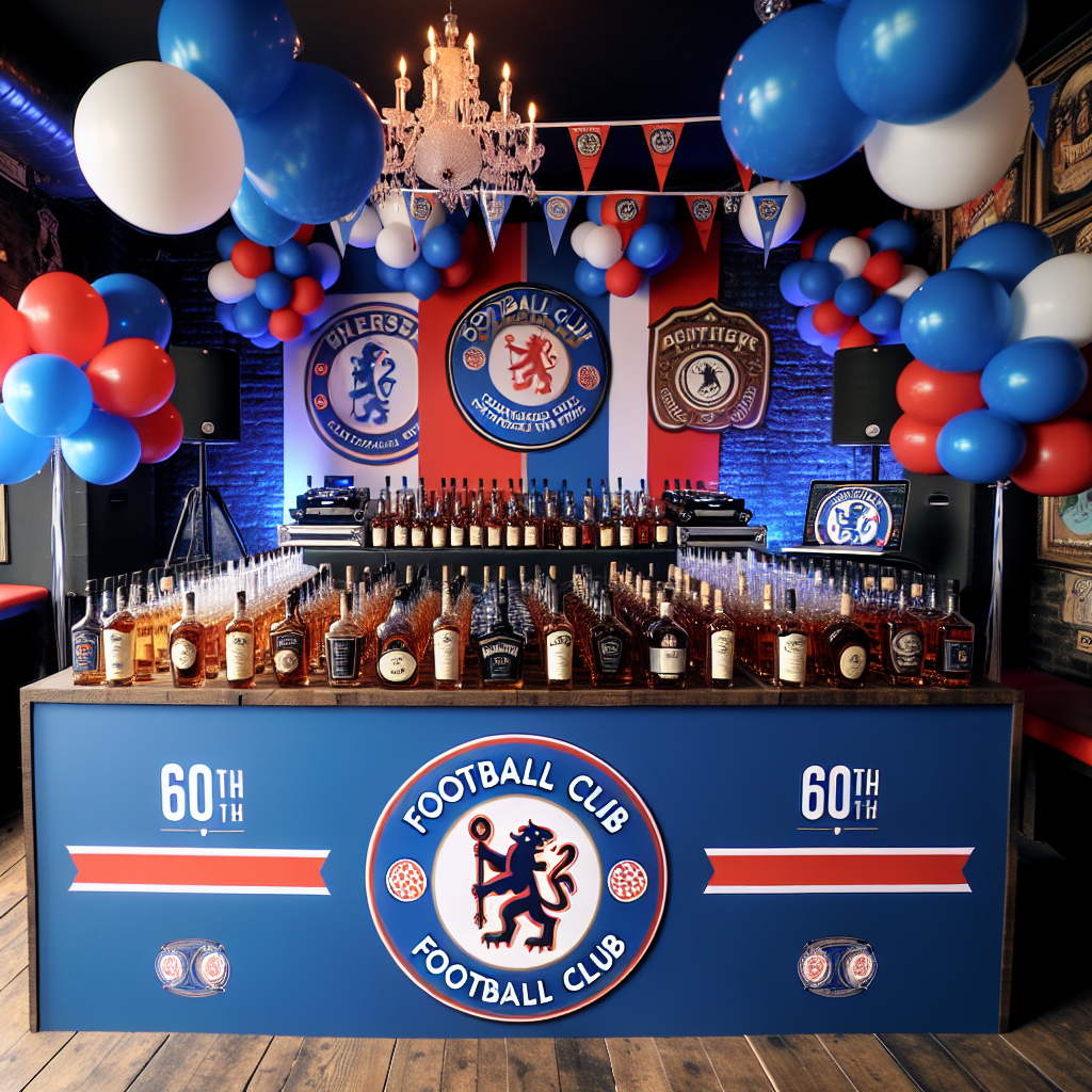 A welcoming birthday venue celerates a man's 60th year with decorations themed around a prominent football club, dominated by tones of blue and red. Balloons of the same colors accent the room. A corner of the venue is dedicated to a DJ setup showcasing logos of the football club, poised to play the man's favorite music. The central table carries an impressive array of whiskey bottles, each boasting a customized label that reads 'Football Club - 60th Celebration', adding a personal touch to the football and whiskey-themed festivities.
Generated with these themes: Rangers FC. DJ. Jim's 60th.  Jack Daniels.  .
Made with ❤️ by AI.