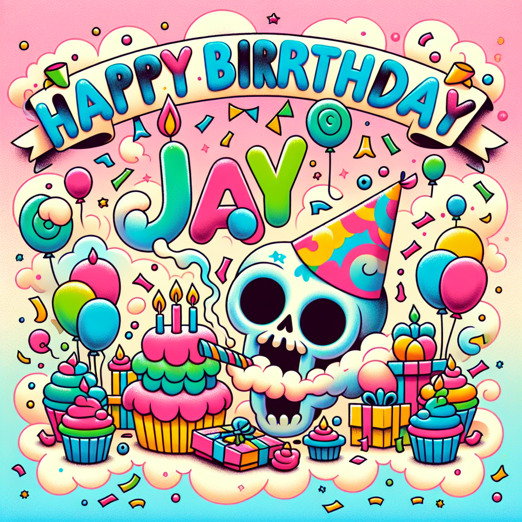 Generate a whimsical cartoon scene portraying a colorful birthday celebration. To one side, there is a playful skull wearing a vibrant party hat, surrounded by confetti and balloons, and blowing a cloud of smoke that spells 'Happy Birthday Jay'. The pastel background is populated with animated cupcakes and presents, all under a banner held by festively-clad cartoon animals who are cheering in celebration.
Generated with these themes: Happy birthday Jay in this shape of a skull smoking weed.
Made with ❤️ by AI.