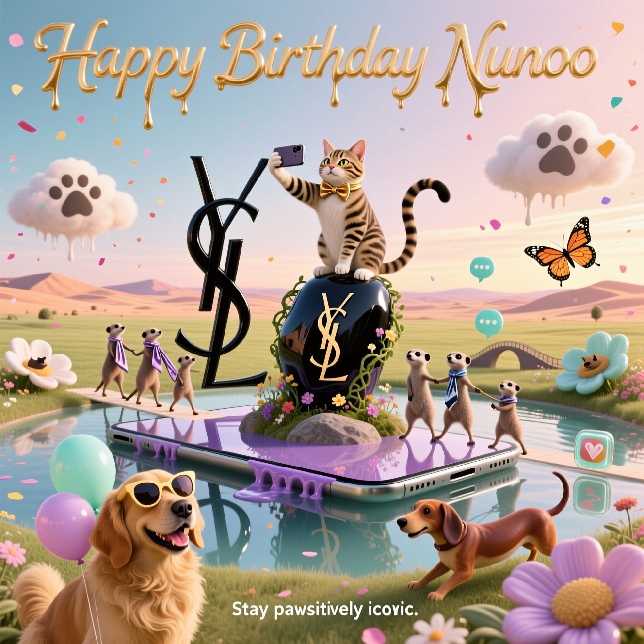 At the top of the Surreal Style image, Happy Birthday Nunoo

Dreamlike, Dali-inspired surreal comedy scene with melting forms and ethereal lighting: a vast pastel sunrise desert-meadow with a mirrorlike pool. In the center stands a monumental Saint Laurent YSL monogram sculpted from glossy obsidian entwined with living vines and wildflowers; its lower edges gently melt into the pool, which is actually a giant iPhone screen draped over a smooth rock, its liquid glass rippling into reflective waves. Perched on the YSL, a regal tabby cat in a tiny satin bow tie strikes a smug selfie with a slightly melting iPhone; its tail curls like a question mark. A procession of meerkats on impossibly long, stilt-like legs strut across the iPhone-pool as if on a runway, wearing miniature YSL silk scarves and pulling exaggerated fashion poses; one meerkat photobombs with wide-eyed sincerity. In the foreground, a golden retriever with buoyant balloon-ears and oversized YSL sunglasses grins goofily; a sausage dog stretches like a bridge for two meerkats to cross. Other cats lounge inside giant flower-blooms whose glassy petals resemble app icons; butterflies shaped like tiny speech bubbles drift by; clouds form soft pawprints. Confetti-like petals float on the breeze, hinting at birthday celebration without extra text. Color palette: soft golds, lilac, mint, and inky midnight accents; textures of velvet shadows, glossy liquid glass, plush fur, and satin. Lighting: cinematic low sun with dreamy god-rays and long, surreal shadows; shallow depth-of-field keeps animals crisp while the landscape stays dream-soft. Composition: grand, clean focal center with generous sky space for the header. Render the top text as elegant molten-gold lettering with a soft halo, slightly drooping at the tips, legible and high-fashion. Tasteful use of the YSL monogram as art, not an ad; no other logos or marks.

At the bottom in small playful lettering: Stay pawsitively iconic.
Generated with these themes: Cats, meerkats, dogs, luxury brand ysl, iPhone, nature, , and .
Made with ❤️ by AI.