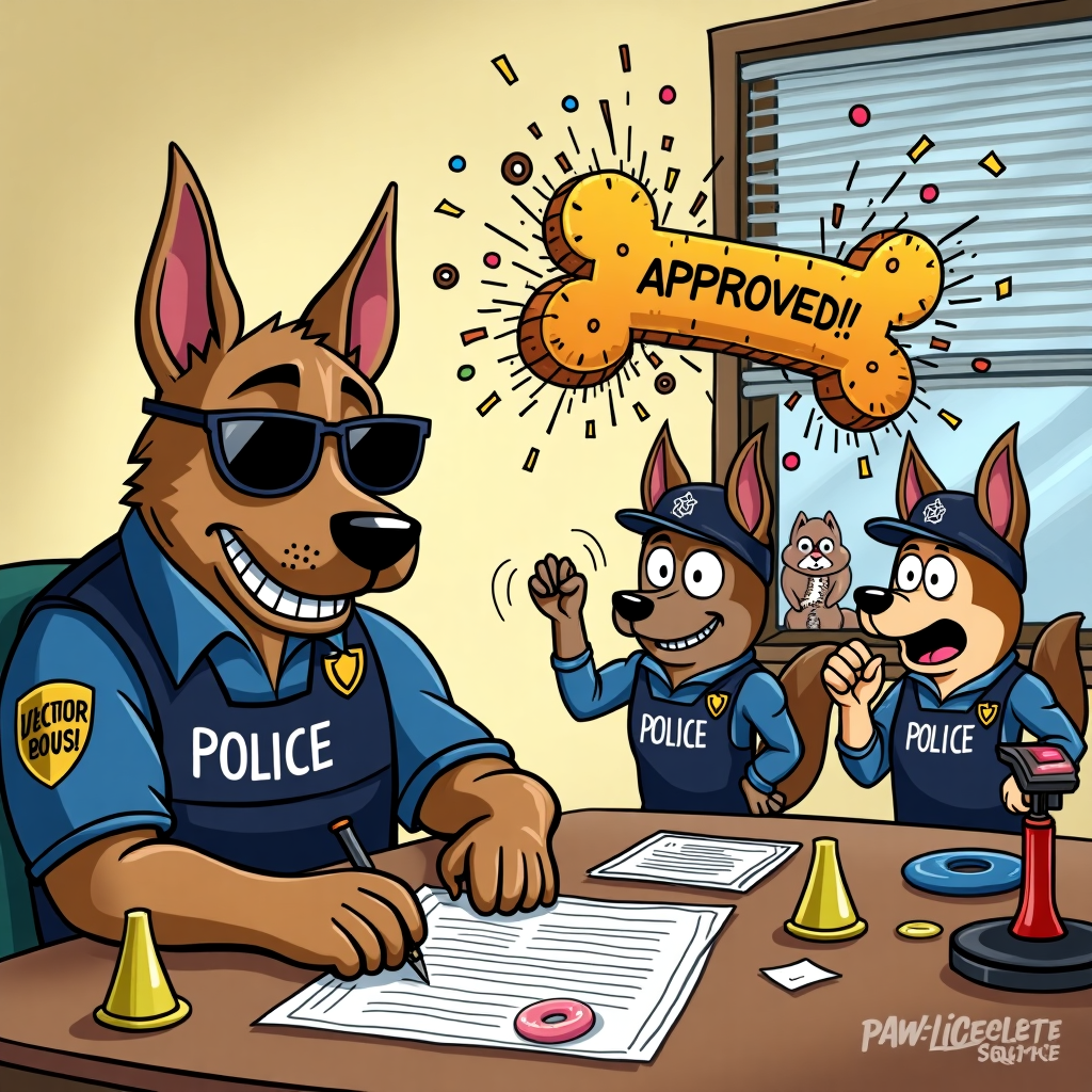 **Image Prompt:**

At the top of the cartoon image, "Congrats Vector & Jimmy — You're Now Certified K-9s of Kick-Butt!"

A cartoon scene bursting with chaotic, hilarious energy: A big, burly German Shepherd police dog wearing dark sunglasses and a "NO NONSENSE" police vest is sitting at a desk, seriously filling out promotion papers for two recruits — Vector & Jimmy, who are in human clothes but hilariously dressed in tiny police dog uniforms (complete with floppy dog ears headbands and tails stuck on).  

Around them, mayhem unfolds: training cones are knocked over, a frisbee has taken out the office fan, someone’s leg is in the dog's mouth (lovingly), and doughnuts fly everywhere. The German Shepherd grins toothily while stamping "APPROVED!" on their achievement certificate with a massive paw.

Confetti explodes from a bone-shaped piñata above them that says "PAW-LICE ELITE SQUAD." In the background, a criminal squirrel peeks from behind the blinds in terror.
Generated with these themes: Make a dangerous police dog, a german shephard.
Made with ❤️ by AI.