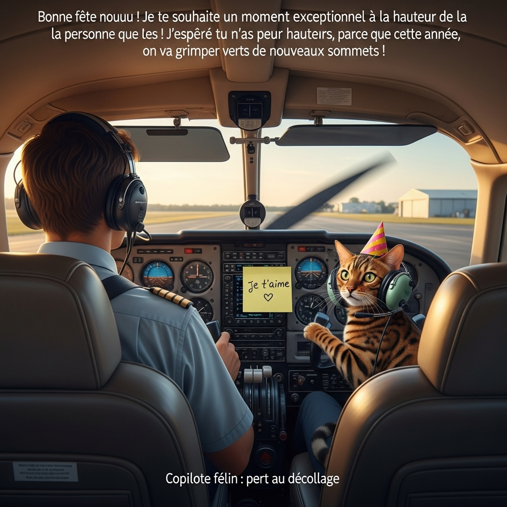 At the top of the Photorealistic picture taken from a camera image, Bonne fête nouuu ! Je te souhaite un moment exceptionnel à la hauteur de la personne que tu es ! J’espère que tu n’as pas peur des hauteurs, parce que cette année, on va grimper vers de nouveaux sommets !

Ultra-high-definition 4K UHD, true-to-life, humorous scene inside a Cessna 172 cockpit parked on the sunlit apron at golden hour. Over-the-shoulder composition of a brown-haired pilot seen from behind (pilote d’avion châtain de dos), wearing an aviation headset, hands lightly on the yoke. In the co-pilot seat: a Bengal cat with a sleek spotted coat, tiny aviation headset and a small birthday party hat, sitting upright with one paw cheekily reaching toward the yoke, bright curious eyes and whiskers catching the light. On the instrument panel, a yellow Post-it note clearly reads: “je t’aime ❤️❤️” in handwritten black marker. Outside the windscreen, softly defocused runway, hangar, and warm sky; interior shows realistic textures: worn leather seats, subtle scuffs on the yoke, metal rivets, reflections on the glass, faint dust motes in the sunbeam. Lighting: warm, directional sunlight through the windshield with soft, believable shadows. Depth: sharp focus on the pilot’s shoulders, Bengal cat, yoke, and Post-it; gentle bokeh outside for depth and atmosphere. Composition balances pilot on the left and Bengal cat on the right, horizon level, natural perspective from the rear cabin.

Add a small, playful one-line caption at the bottom-right in a clean sans-serif, unobtrusive: “Copilote félin: prêt au décollage.”

Camera specs for realism: full-frame DSLR look, 35mm lens, f/4, ISO 200, 1/500s. Ultra-detailed, accurate colors, natural grain, lifelike materials. No visible brand logos. Only visible text in-scene: the top headline, the Post-it “je t’aime ❤️❤️”, and the small caption.
Generated with these themes: Pilote d’avion châtain de dos, Cessna 172, Post-it écrit: je t’aime ❤️❤️, Bengal, and .
Made with ❤️ by AI.