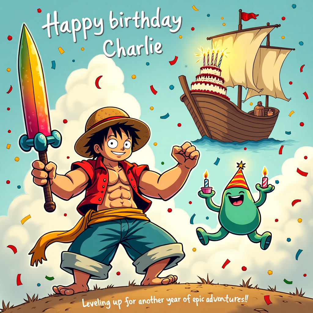 At the top of the Illustration Style image, the text reads: "Happy birthday Charlie."

**Image Description:**

In a vibrant, hand-drawn illustration style, a whimsical scene unfolds in a fantasy world where elements from "Solo Leveling," "One Piece," "Invincible," and "The Day I Got Reincarnated as a Slime" humorously collide. In the center, a heroic character styled after a mix of Sung Jin-Woo and Monkey D. Luffy strikes a dramatic pose, wearing a pirate hat and holding a colorful balloon sword. Their exaggeratedly muscular arms, akin to Invincible's, contrast comically with their goofy grin.

Floating beside them, a cartoonish slime from "The Day I Got Reincarnated as a Slime" winks at the viewer, wearing a tiny party hat and holding a miniature birthday cake with one candle. Around the characters, confetti and streamers rain down in a riot of warm colors, adding to the festive chaos.

In the background, a ship sails through fluffy clouds with a giant birthday cake on its deck, complete with sparklers. The ship's sails are humorously tattered, resembling comic book panels. Below the scene, in small, cheeky lettering: "Leveling up for another year of epic adventures!"
Generated with these themes: Solo levelling,one piece, invincible,the day I got incarnated as a slime, and .
Made with ❤️ by AI.
