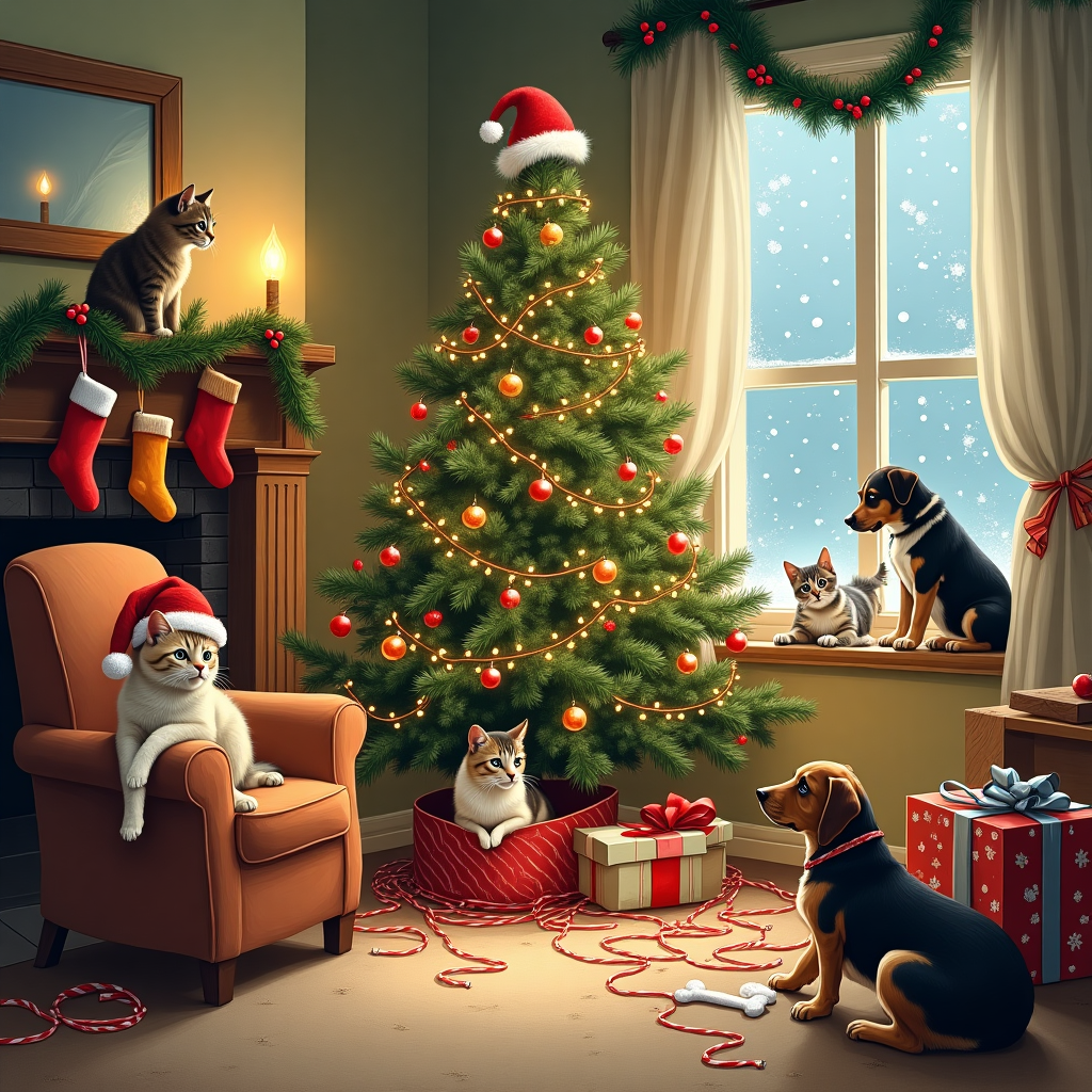 Four cats and four dogs Christmas Card
