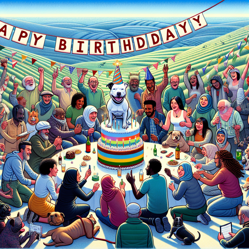 Create a captivating birthday illustration that amalgamates an assortment of themes. Central to the scene is a vibrant gathering beneath a banner declaring 'Happy Birthday!', nestled within a subtly undulating terrain suggestive of a Palestinian countryside. A variety of characters, each representing a different profession, gather in unity around a cake embellished with vegan-approved trinkets. These characters portray a wide range of descents such as Hispanic, South Asian, Caucasian and Black. The hands of each character are interlocked, signifying unity and cooperation. One hand grasps a leash, with a jubilant Staffordshire Bull Terrier at the opposite end. Wearing a party hat, the dog playfully swishes its tail, adding to the overall merriment.
Generated with these themes: Palestine, Unions, Veganism, and Staffordshire bull terriers.
Made with ❤️ by AI.
