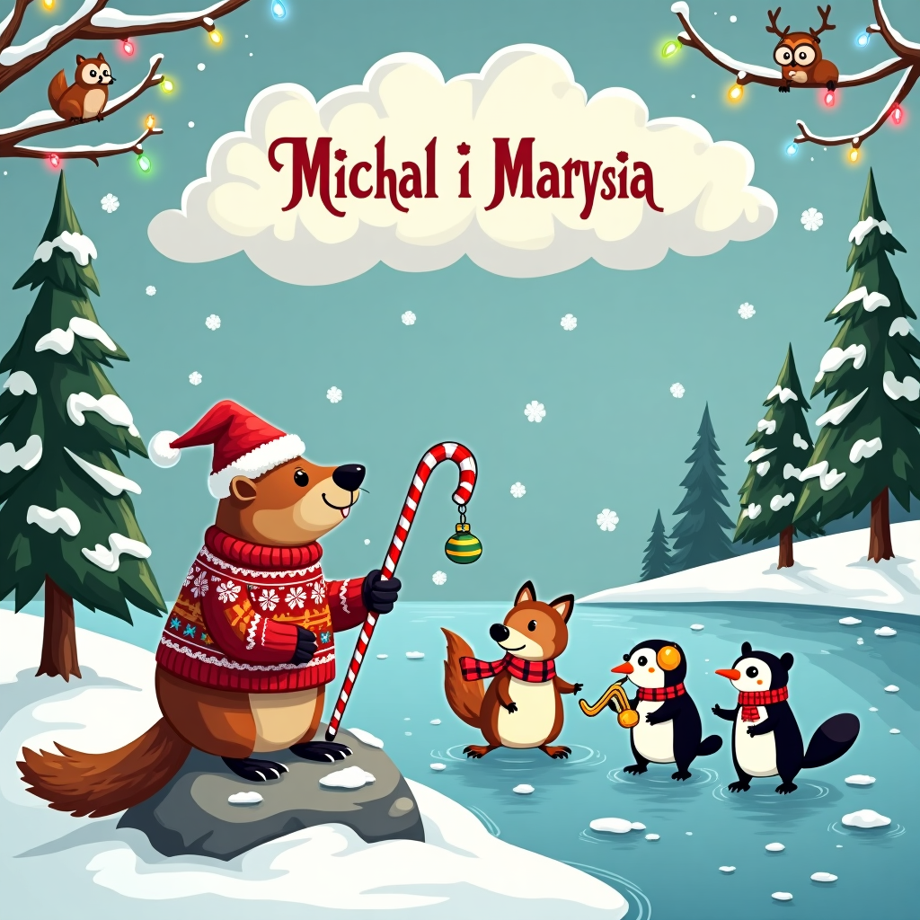 The scene is set in a snow-draped, whimsical winter wonderland by a serene frozen lake, where a group of woodland creatures have gathered for a jovial Christmas fishing escapade. At the heart of this comical scene is a jolly beaver wearing a red and white Santa hat, sitting on a large, flat rock that pokes out from the ice. He's dressed in a snug, oversized knitted Christmas sweater with colorful reindeer patterns, and is holding an ornate fishing rod fashioned from a candy cane, complete with a mistletoe lure dangling at the end. 

Beside him, a sly fox in a smart, plaid scarf attempts to catch snowflakes with its tongue while balancing on one paw on the slippery ice. Nearby, an otter wearing earmuffs, a bright red nose, and an antler headband (a nod to Rudolph) giggles as it mischievously hooks a sparkling ornament instead of a fish onto the candy cane rod. 

Behind them, a band of caroling penguins waddles in a single file, each with a tiny instrument—a saxophone, a violin, and a triangle—creating a lively, if somewhat chaotic, serenade. Snowflakes cascade around them, twinkling like stars against the crisp blue sky.

Perched on a pine tree with glistening icicles, a wise old owl hoots along, its spectacles precariously perched on its beak. Above this merry tableau, the sky is a canvas for an unusual cloud formation spelling out "Michal i Marysia" in puffy, snow-like letters, subtly blending with the whimsical snowy background.

The whole scene is bordered by a frame of colorful Christmas lights and holly, and a tiny squirrel in the corner cheekily strings popcorn on a fishing line, as if preparing for its own festive catch. This Christmas card cover captures a harmonious blend of holiday cheer, nature's wonder, and the playful spirit of fishing, all tied together in a delightful, cartoonish style.
Generated with these themes: Fishing.
Made with ❤️ by AI.