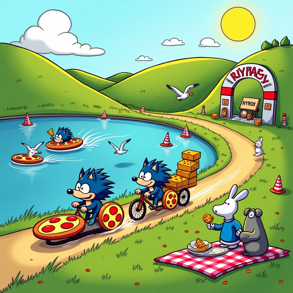 Playful, funny cartoon scene with thick black outlines, exaggerated proportions, and bright saturated colors. In a rolling green hill-and-lake landscape, a speedy blue hedgehog triathlete appears along a looping course:
- In the lake: the hedgehog swims with a pizza-slice float, pepperoni buoys bobbing, water splashing energetically.
- Uphill: the hedgehog rides a bike with pizza-slice wheels, legs a blur, goofy grin, sweat drops flying.
- Foreground: the hedgehog sprints while pushing a Hyrox sled stacked with cheese blocks and pizza boxes; a nearby station shows “HYROX” on a playful arch with cartoon cones, wall-ball target, and a rower.

On a nearby grassy knoll, Wallace and Gromit cheer from a picnic blanket, Wallace waving a cheese wedge foam finger and offering a slice; Gromit holds a stopwatch and a slice on a plate. Seagulls swoop with pizza crusts; the sun glows like a cheesy margherita. Crisp, punchy lighting, bold color blocks, dynamic motion lines, and confetti sprinkles in the air for birthday vibes. No logos apart from the HYROX sign.

Small on-image caption (one line), in chunky, hand-lettered text on a curved mini-banner near the bottom:
“Have a wheelie cheesy birthday!”
Generated with these themes: Blue hedgehog, Triathlon , Hyrox, Pizza, Hills, Lakes, Wallace and gromit, and .
Made with ❤️ by AI.