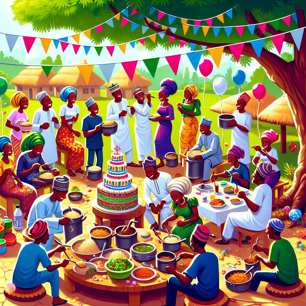 A vibrant illustration features a family gathered around a large table under the shade of a neem tree, escaping the hot Nigerian sun. They're joyously cooking together, with the aroma of jollof rice in the air. Cheerfully colored balloons and streamers decorate the scene, and at the center, a cake with the text 'Happy birthday mummy!' adds a sweet touch to the celebration.
Generated with these themes: Hot weather, Family, Nigeria , and Cooking.
Made with ❤️ by AI.