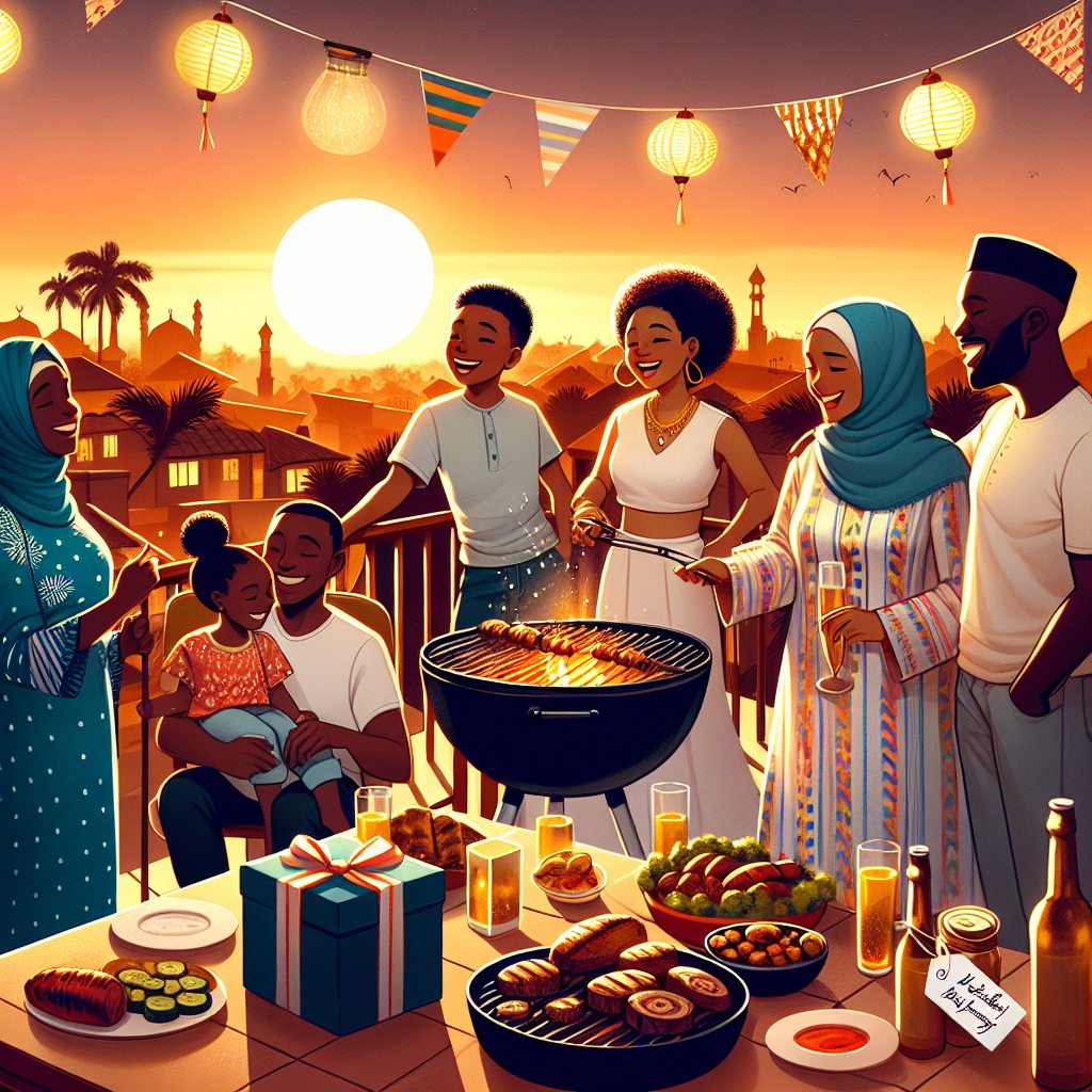 The scene captures a sunset in Nigeria, with a family gathered on a rooftop terrace to enjoy the cooler evening after a hot day. They're barbecuing and sharing stories while preparing a birthday feast. Lanterns and fairy lights create a warm ambiance. In the foreground, a beautifully wrapped gift bears a tag with 'Happy birthday mummy!' amidst the illustrations of food, family, and festive decorations like flags and paper flowers.
Generated with these themes: Hot weather, Family, Nigeria , and Cooking.
Made with ❤️ by AI.
