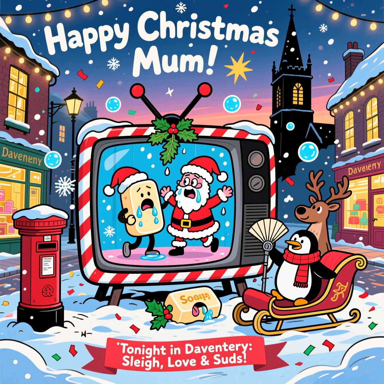 At the top of the Cartoon Style image, "Happy Christmas Mum!"

A playful, funny Christmas cartoon with exaggerated proportions, thick black outlines, bright saturated colors, and whimsical, energetic poses. Full-bleed portrait scene of a snowy Daventry high street at dusk: twinkling fairy lights, cozy golden shop windows, a classic British red postbox, and a distinctive old church tower silhouetted in the background. Center stage is a giant, candy-cane-framed TV-shaped set plonked in the snow. On it, anthropomorphic bars of soap in Santa hats perform a wildly melodramatic “soap opera” moment: one soap dips another in a tango under mistletoe, another gasps with sudsy tears, and a third faints onto a sleigh-shaped chaise. Bubbles drift through the air like snowflakes, sparkling in icy blues and peppermint reds. A cheeky reindeer operates a boom mic while a penguin in a scarf fans the fainting soap with a holly sprig—everyone’s expressions are big and over-the-top. Warm shop-glow contrasts with cool snowy blues; dynamic motion lines, starbursts, and confetti-like snow add energy. Keep it image-first and humorous, with thick outlines and bold color blocks. At the bottom, a small festive ribbon banner carries one cheeky line: “Tonight in Daventry: Sleigh, Love & Suds!” No other text.
Generated with these themes: Daventry, Soap Operas, and .
Made with ❤️ by AI.