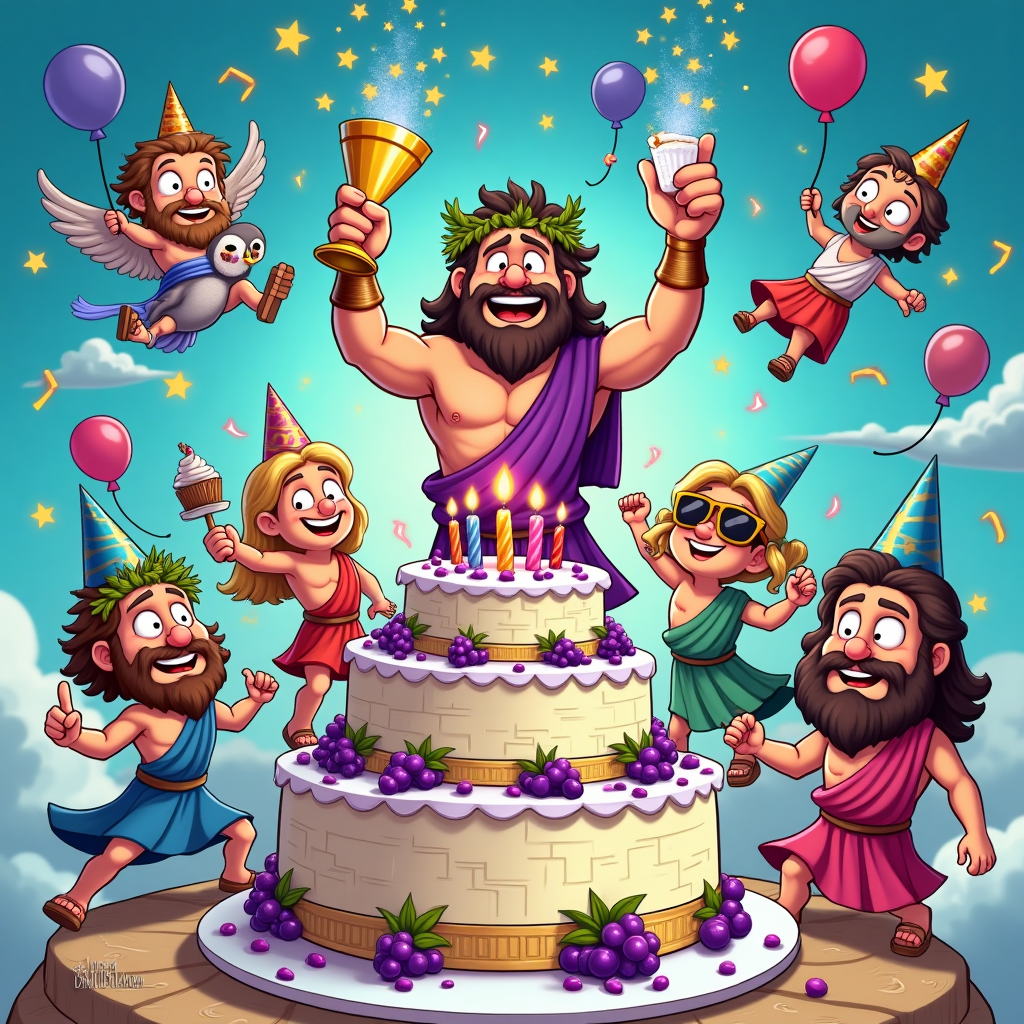 At the top of the Cartoon Style image, "Happy Birthday Darren Dionysus" in chunky carved-marble letters entwined with grapevines and tiny gold laurel leaves, bold, glossy, and outlined thickly with a playful drop shadow.

A bright, funny Cartoon Style scene on Mount Olympus: front and center, a jolly, round-cheeked Dionysus with a grapevine wreath and a purple toga stands atop a multi-tier birthday cake shaped like a mini Greek temple (white marble columns, gold trim). He raises a sparkling goblet of fizzy purple ambrosia that splashes into confetti-shaped grapes. Exaggerated proportions, big expressive eyes, goofy smile, one sandal kicked off mid-dance.

Around him, the gods join the party in energetic, whimsical poses:
- Zeus in a party cone crown lights the cake candles with a tiny zappy thunderbolt sparkler, eyebrows arched comically.
- Poseidon rides a little wave across a fluffy cloud, holding a trident-shaped balloon; blue splash confetti pops around him.
- Athena, cool and clever, blows a party horn; her owl (wearing a miniature laurel) balances a gift wrapped in olive ribbon.
- Hermes zooms overhead on winged sandals with a bundle of gifts, caduceus wrapped in twinkly string lights, leaving a trail of star confetti.
- Hades in sunglasses offers a cupcake to an adorable Cerberus; each head wears a different colored party hat and wags eagerly.

Background: cotton-candy clouds, gleaming sky-blue gradient, marble columns draped with streamers; balloons in the shapes of lightning bolts, amphorae, and olives; a Pegasus piñata swings from a column while Ares (foam sword) misses it dramatically. Sparkly highlights, cel-shaded color, thick black outlines, bright saturated palette (royal purple, gold, sky blue, teal, hot pink). Dynamic, wide-angle composition that feels big and celebratory; confetti swirls through the scene.

At the bottom of the Cartoon Style image, a small stone scroll banner reads: "Party like it's 500 BC!"
Generated with these themes: Greek Gods, and .
Made with ❤️ by AI.