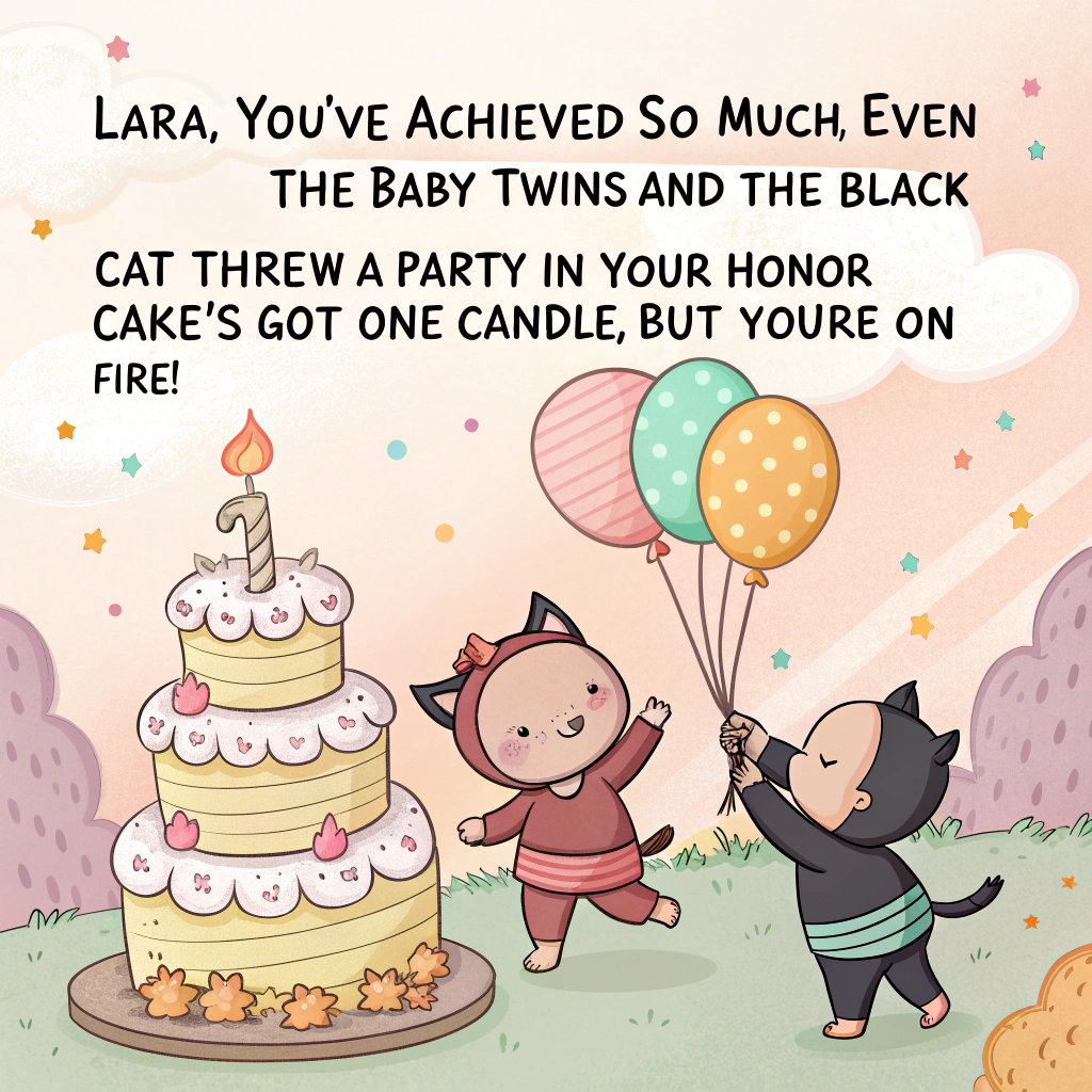 Baby boy and baby girl holding hands , Black cat with party hat, Birthday cake with one candle, and Banner that reads joyeux anniversaire Congratulations Card