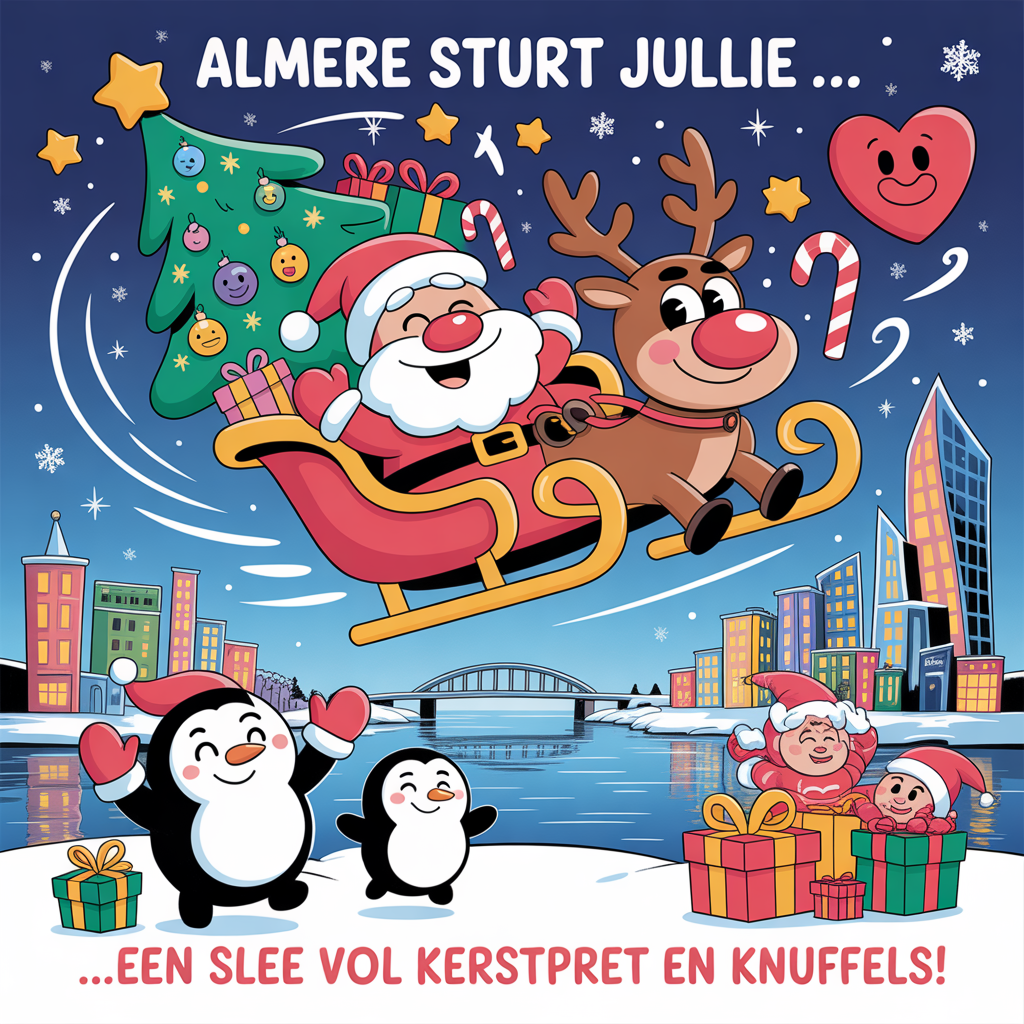 At the top of the Cartoon Style image, "ALMERE stuurt jullie ..."

At the bottom of the image, "...een slee vol kerstpret en knuffels!"

- Cute, playful Christmas cartoon scene bursting with happiness: a chubby, grinning Santa and big-eyed reindeer zoom in a gift-stuffed sleigh, tossing sparkling stars and candy canes into the snowy air.
- Centerpiece: an oversized, twinkling Christmas tree with smiling ornaments and heart-shaped snowflakes swirling around it.
- Background: a stylized modern Dutch cityscape by the water to nod to Almere—colorful geometric buildings, a curvy bridge, and glowing windows reflected in icy-blue water.
- Characters in whimsical, energetic poses: penguins high-fiving, a giggly snowman waving a mitten, tiny elves popping out of presents.
- Style: thick black outlines, exaggerated proportions, rosy cheeks, bright saturated candy-reds, holly greens, icy teals, and warm gold lights; soft glow, crisp finish, confetti sparkles, motion swooshes for extra joy.
Generated with these themes: HAPPYNESS, and .
Made with ❤️ by AI.