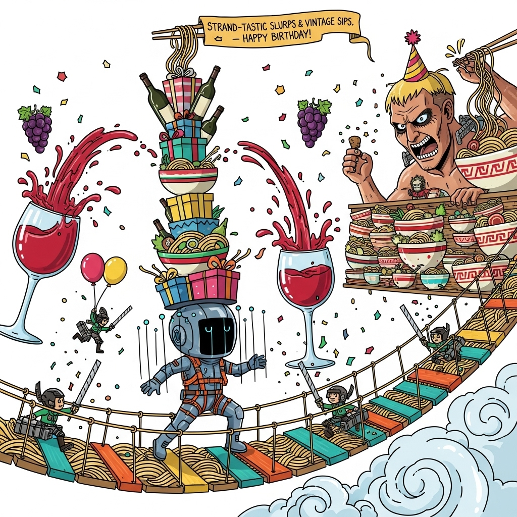 Playful, cartoon-style illustration with exaggerated proportions, thick black outlines, and bright saturated colors. Foreground: a chibi, parcel-laden futuristic courier in a sleek suit with glowing straps (Death Stranding vibe) teeter-running across a bouncy bridge made of steaming ramen noodles, balancing a towering stack of gift boxes, ramen bowls, and clinking wine bottles on a gravity harness. Midground: splashy red wine arcs into giant goblets like celebratory fountains; grape-shaped confetti and balloons float around. Background: a goofy, friendly colossal giant (Attack on Titan-inspired) wearing a party hat peeks over a wall built from stacked ramen bowls; tiny scout-like heroes zip around on chopstick-and-noodle gear, swapping blades for chopsticks and spraying confetti. Lots of smiley expressions, noodle steam swirls, corks popping, and whimsical energy—funny, family-friendly, no violence. Dynamic tilt, cel shading, crisp vector-like lines, pop palette of scarlet, neon orange, teal, sunny yellow, and bubblegum pink. Add a small hand-lettered caption on a noodle banner at the top:

“Strand-tastic slurps & vintage sips — Happy Birthday!”
Generated with these themes: Death stranding , Attack on titan , Ramen , Wine, and .
Made with ❤️ by AI.