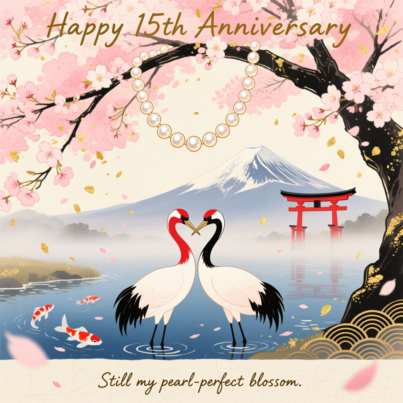 Japan, Cherry blossom, Pearls, and Anniversary Card