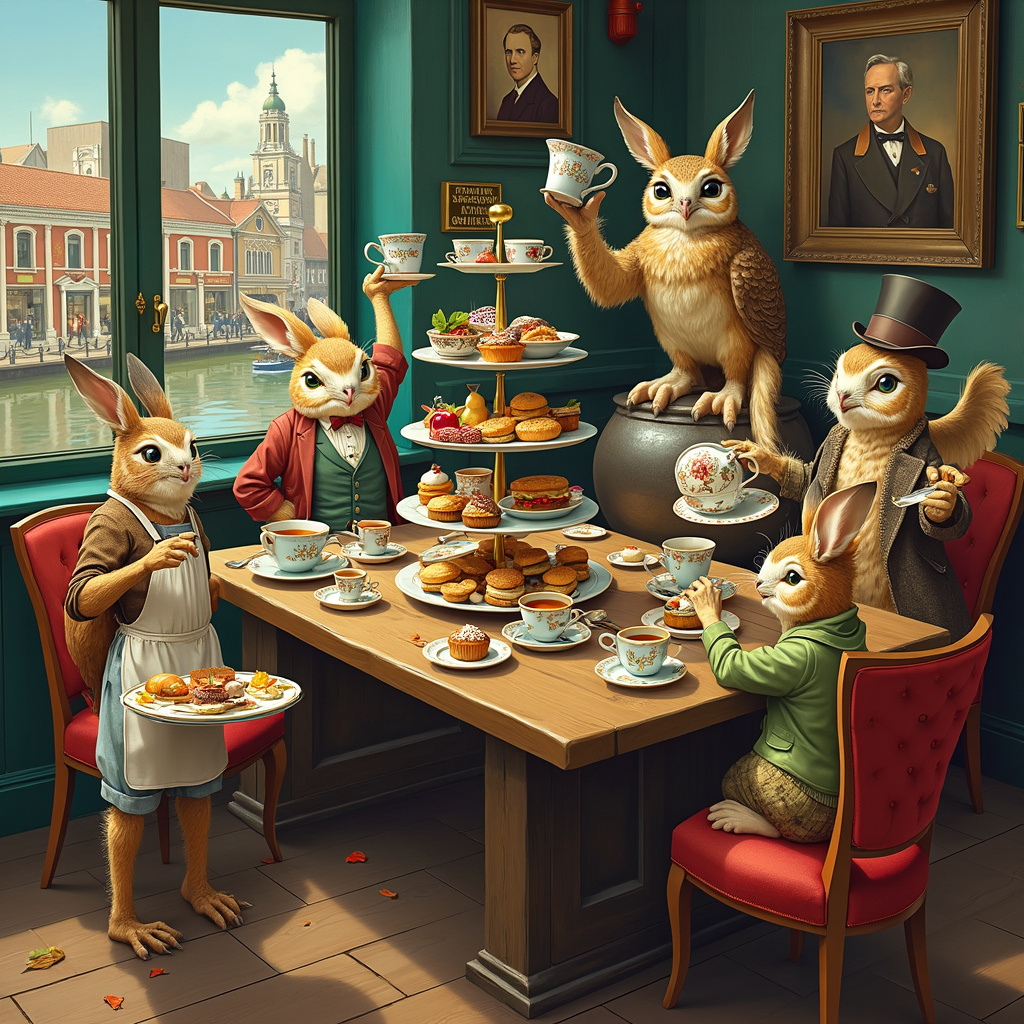 The scene is set in a bustling Wetherspoons pub in the heart of Birmingham, known for its vibrant energy and eclectic mix of patrons. Imagine a large oak table in the center, decked out with a lavish afternoon tea spread that is both traditional and humorously exaggerated. On the table, there's a towering stand of mismatched, whimsical teacups and saucers, filled to the brim with steaming tea. Next to it, there are plates of oversized scones, comically large sandwiches, and an abundance of colorful pastries that look almost too delightful to eat.

Seated at this table are a group of owls, each dressed in Victorian-era garb to give a nod to Aubrey Beardsley's intricate designs. The lead owl, who is wearing a monocle and a tiny top hat, raises a teacup with a wing in a toast, his expression a mix of wise and whimsical. Surrounding him, other owls clink their teacups, some with exaggerated, wide-eyed expressions reminiscent of Quentin Blake’s playful illustrations.

In the background, you see the iconic Birmingham skyline through large pub windows, including landmarks like the Bullring and the Library of Birmingham. To add a quirky twist, one of the owls is perched on a replica of Birmingham’s famous statue, 'The Guardian.' The statue itself is humorously holding a massive teapot, pouring tea into the River Rea which flows into a tiny Wetherspoons-branded canal boat floating nearby.

On the walls of the pub, you find framed portraits of famous Birmingham personalities, but with owl faces—adding a touch of Edward Gorey's dark humor. The floor is scattered with a few fallen pastries and teabags, and there's a corner where an owl is trying to read the Wetherspoons menu upside-down, capturing a bit of the chaos and charm reminiscent of Maurice Sendak’s work.

In the foreground, a Beatrix Potter-inspired anthropomorphic rabbit waiter is carefully balancing a tray laden with more pastries, making its way to the owl’s table. The scene is rich in detail, full of playful absurdity, and bursting with charming, humorous touches that cleverly incorporate all the requested themes.
Generated with these themes: Wetherspoons , Afternoon tea, Birmingham , and Owls.
Made with ❤️ by AI.