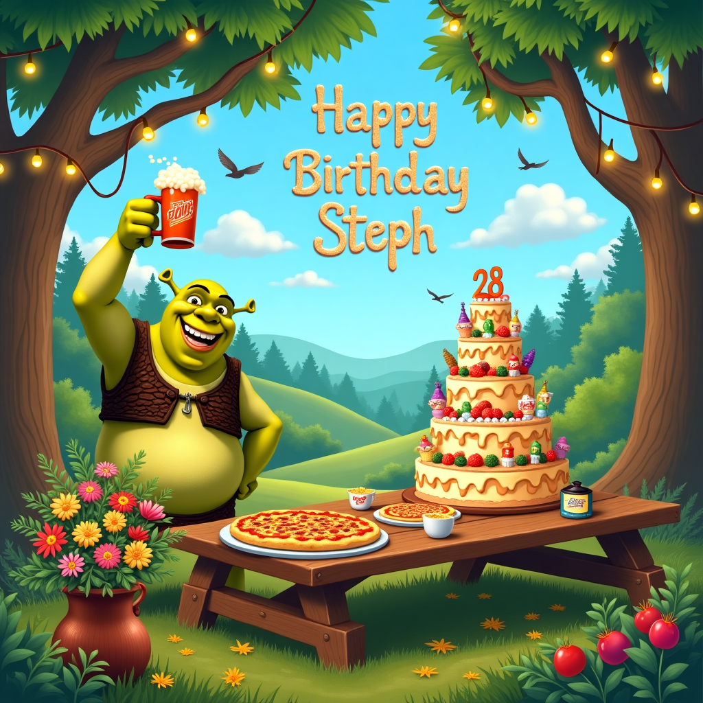 Shrek , Birthday, Happy, Pizza, Forest, 28, Birthday cake, SpongeBob , Flowers, and Mountain Dew Birthday Card