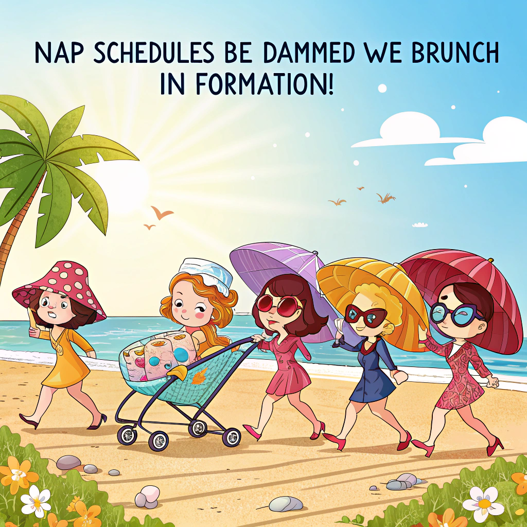 6 women pushing strollers , 6 babies, At the beach, Slogan we ride at dawn bitches , and Women drinking cocktails New-baby Card